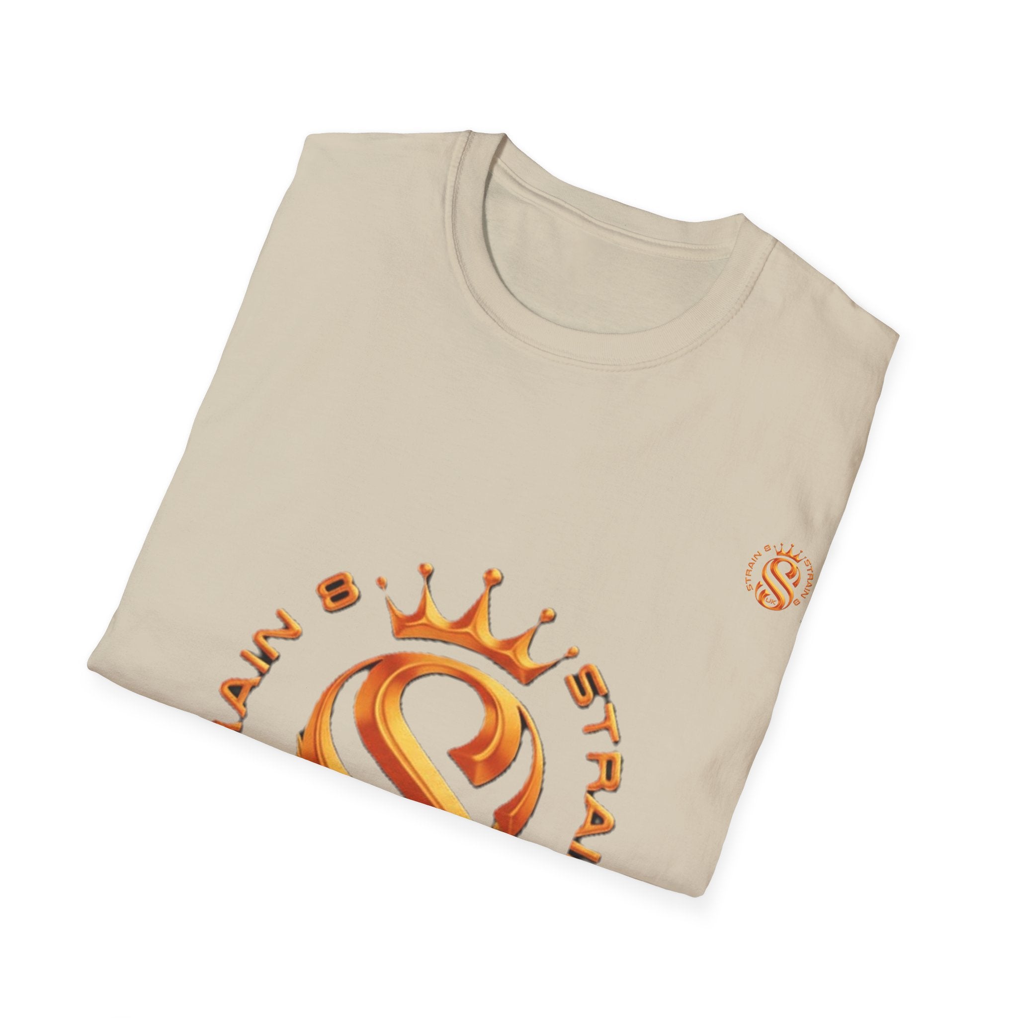 Strain8-UK metallic orange Royal Strain8-UK Emblem T‑Shirt — Crowned Strain8-UK Logo Graphic Tee
