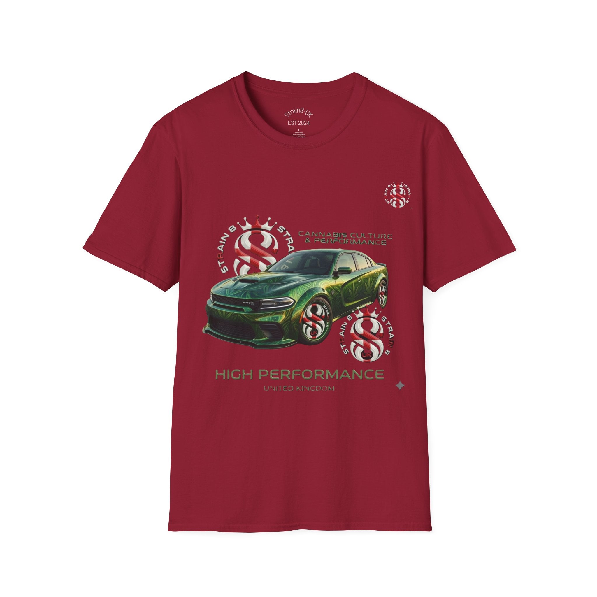 High Performance Strain8-UK Muscle Car T‑Shirt — Green Sports Car Graphic St George Cross Alloys Tee