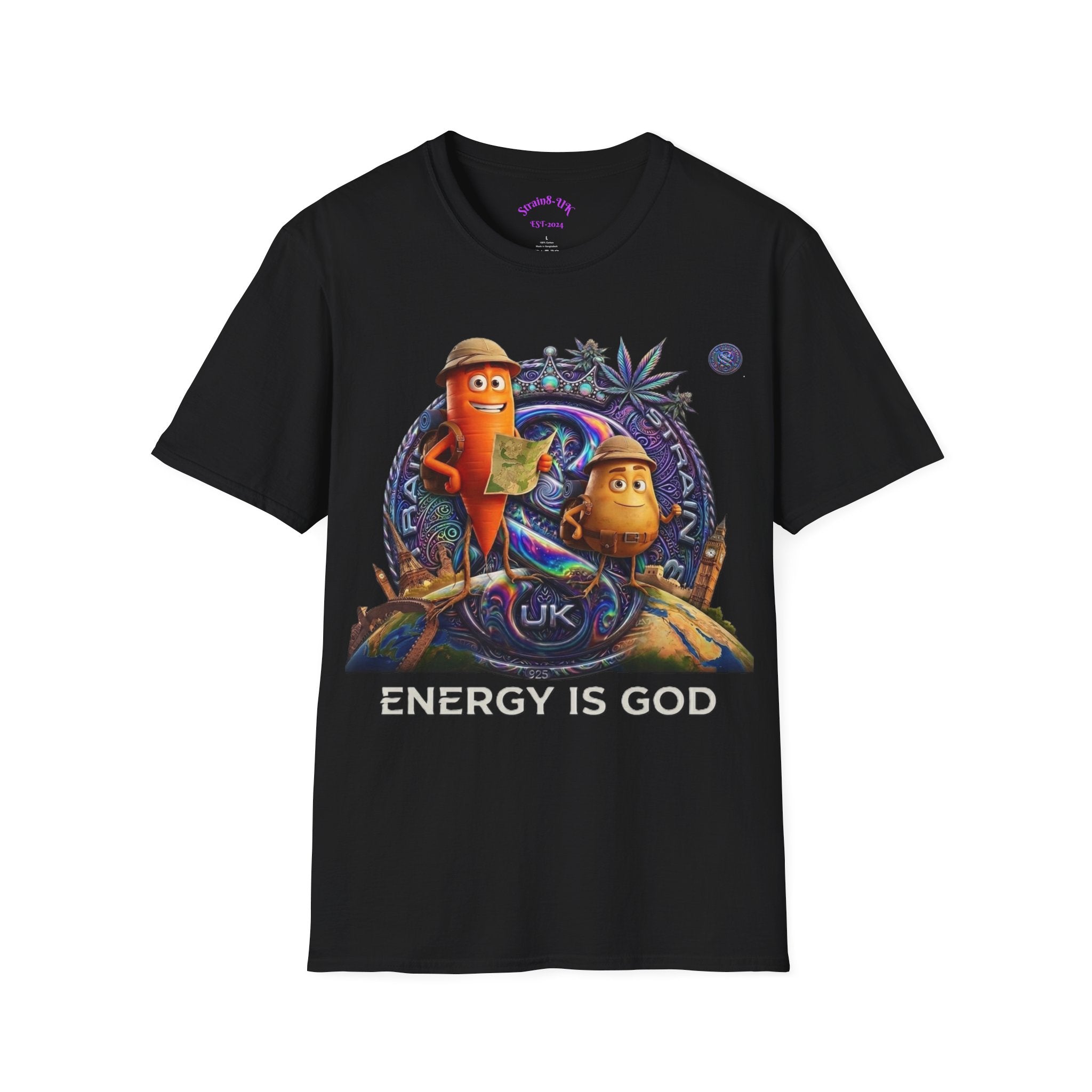 Strain8-UK Ted&Fred Energy Is God T-Shirt — Retro Cartoon Space Energy Design