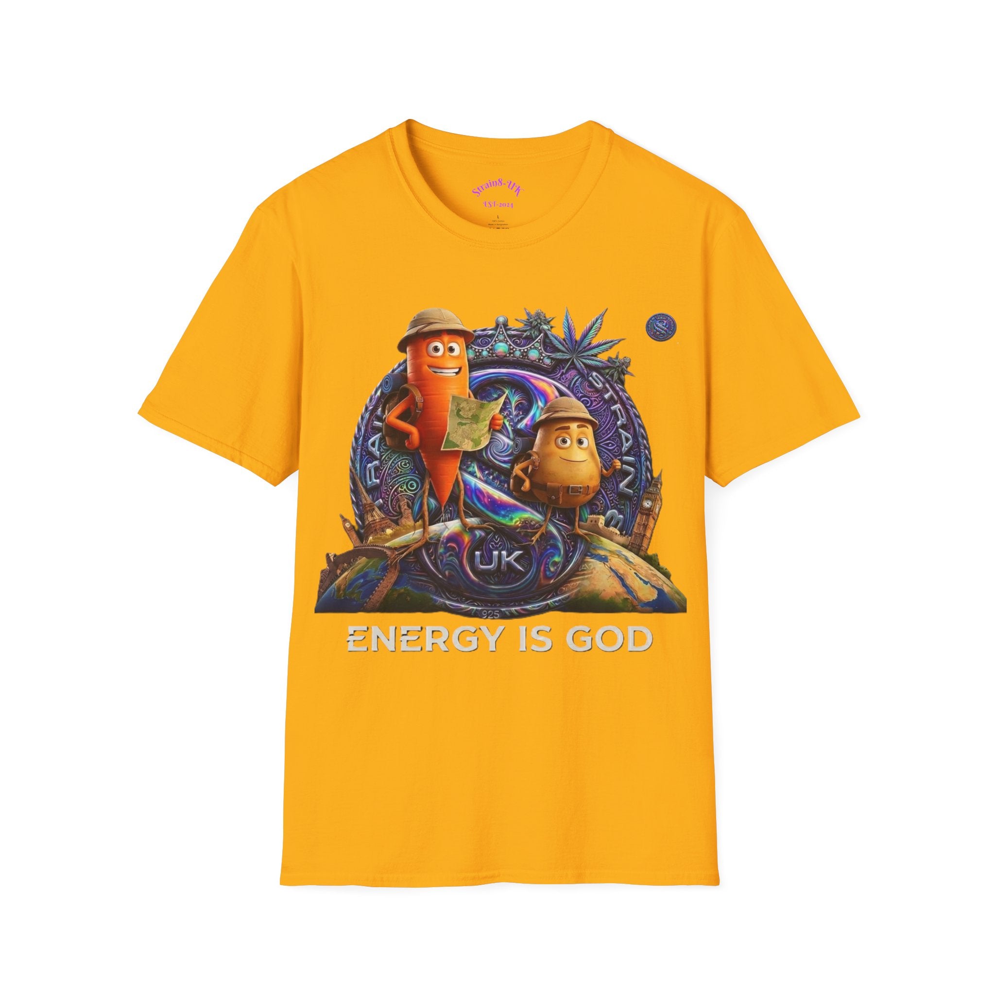 Strain8-UK Ted&Fred Energy Is God T-Shirt — Retro Cartoon Space Energy Design