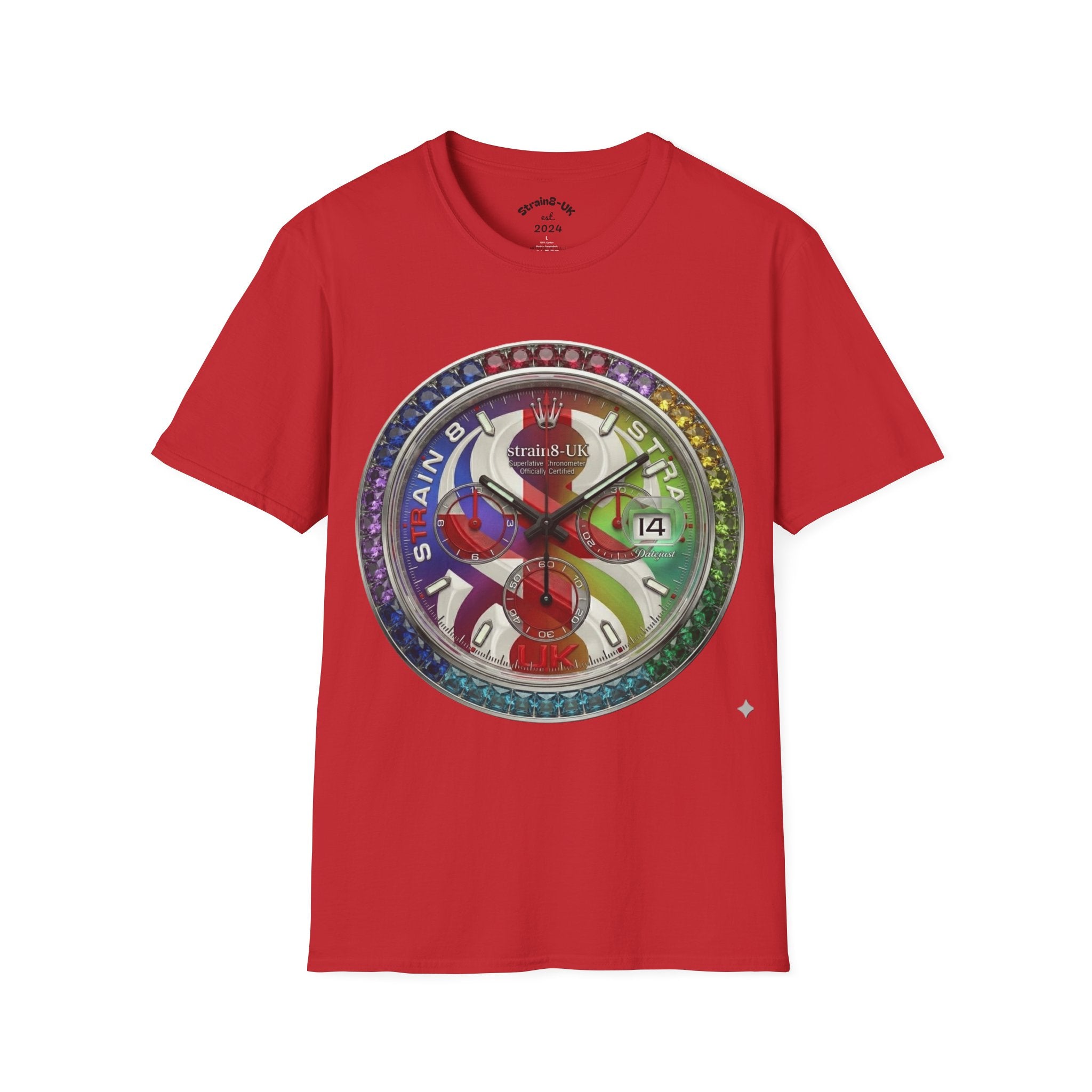 Rainbow Watch Face Graphic T‑Shirt —Strain8-UK Colourful Timepiece Dial Design