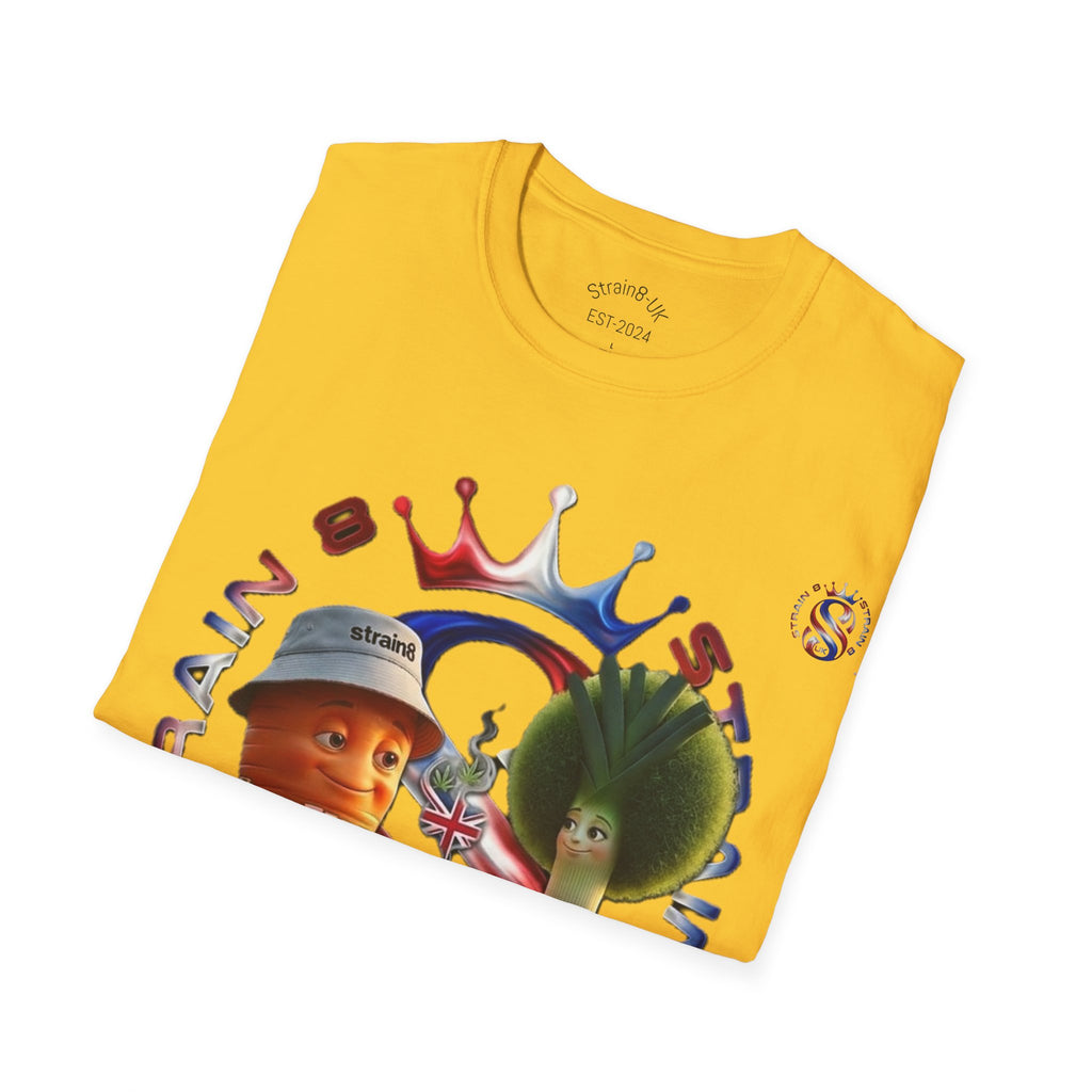The Royal Strain8-UK T‑Shirt – Cute Cartoon Ted the carrot & Lucy the leak Veggie Characters Tee