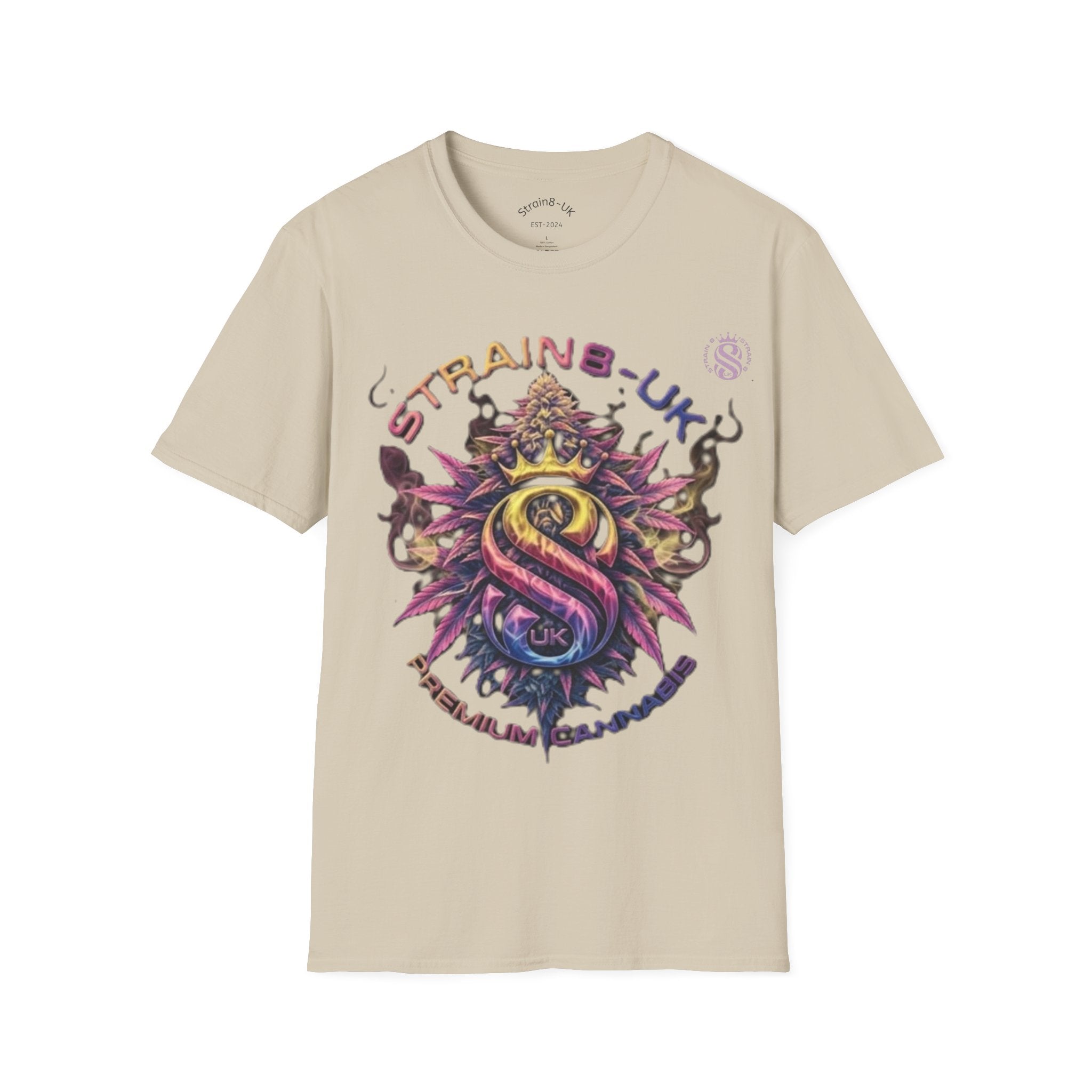 Strain8-UK T‑Shirt — Vibrant Psychedelic Leaf&Logo ‘STRAIN8-UK’ Graphic Tee