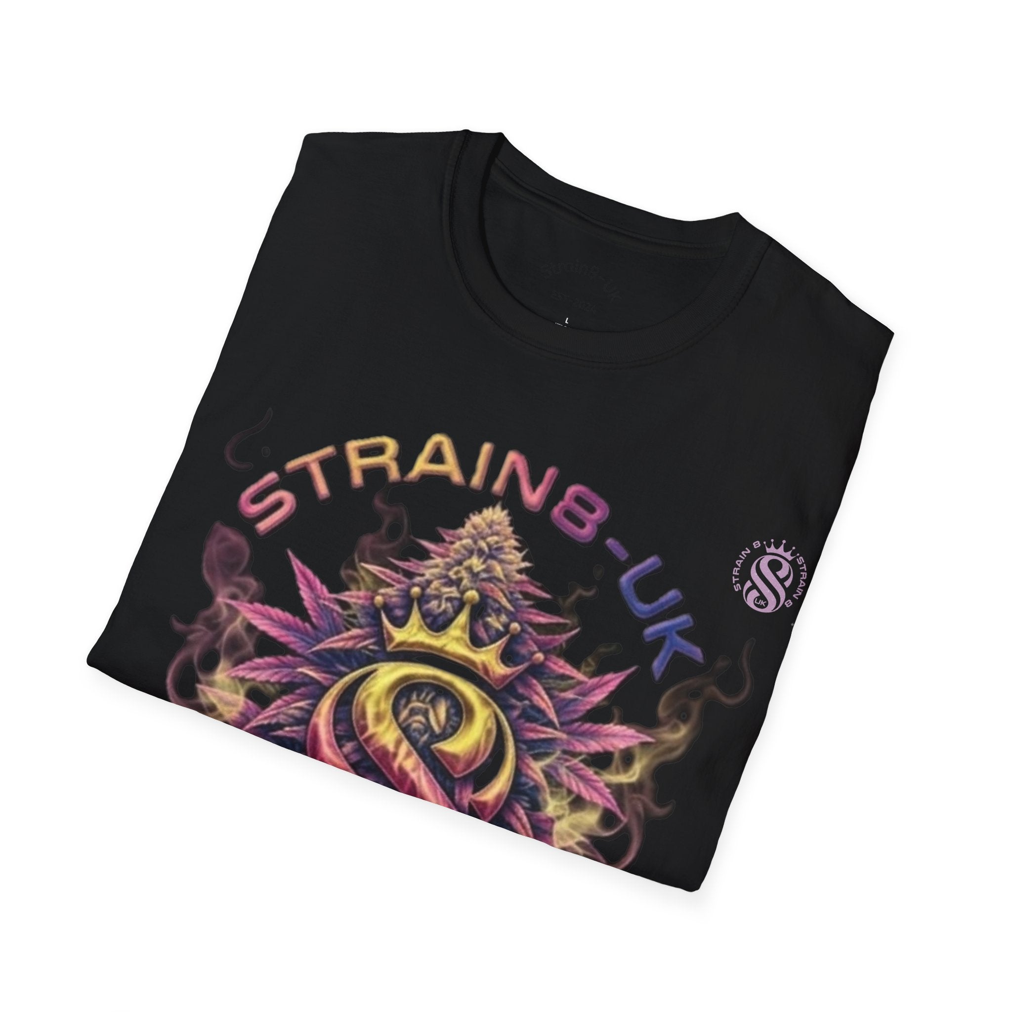 Strain8-UK T‑Shirt — Vibrant Psychedelic Leaf&Logo ‘STRAIN8-UK’ Graphic Tee