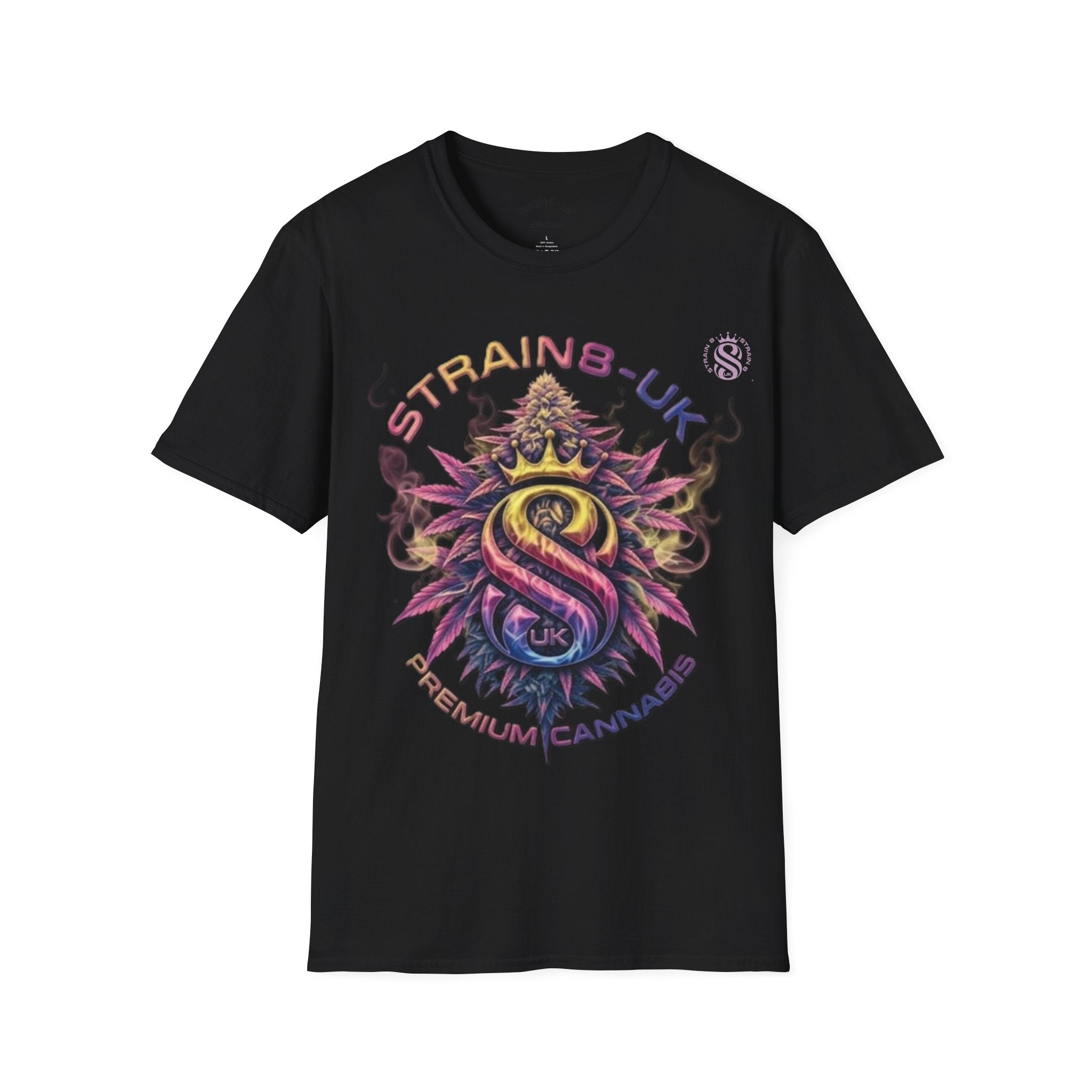 Strain8-UK T‑Shirt — Vibrant Psychedelic Leaf&Logo ‘STRAIN8-UK’ Graphic Tee