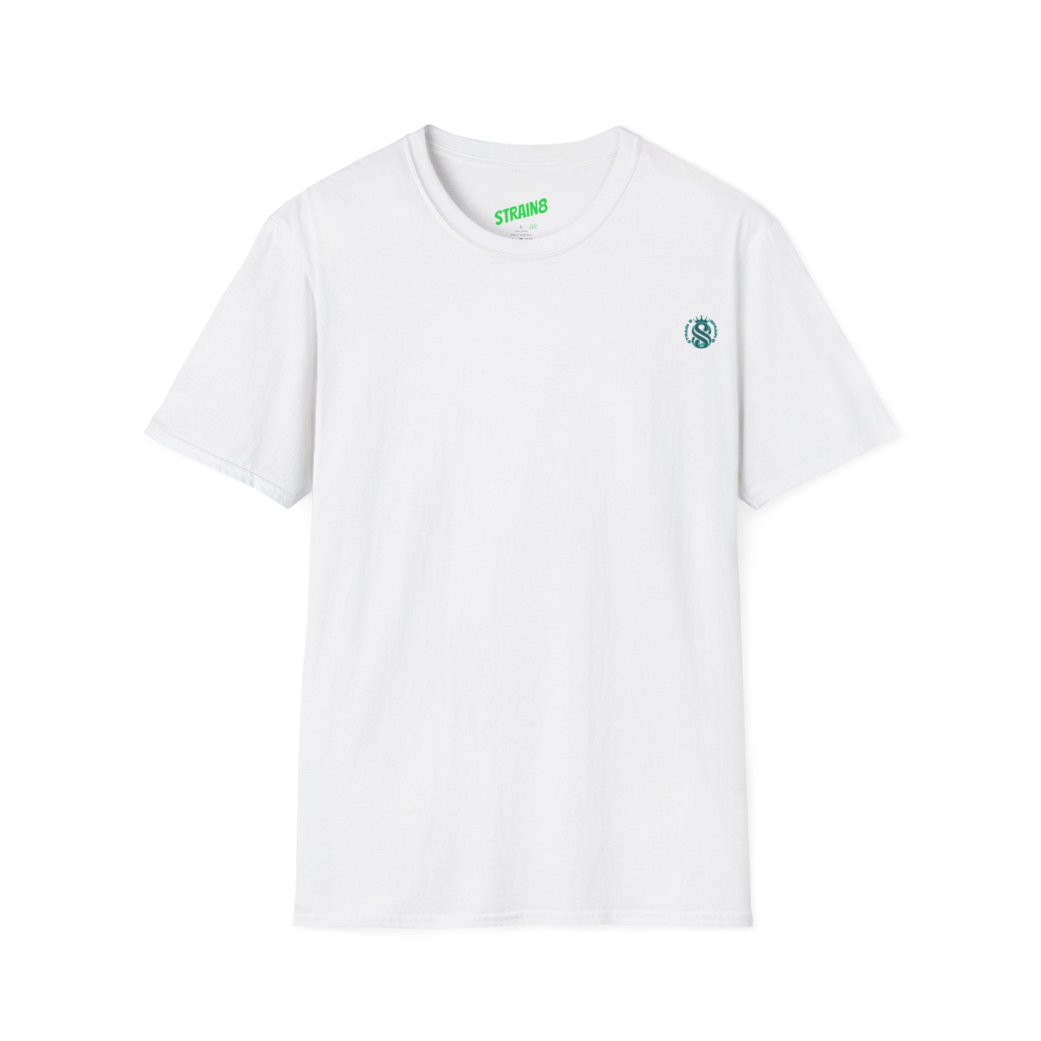 Minimal White T‑Shirt with Small Strain8-UK Chest Emblem — Classic Casual Tee