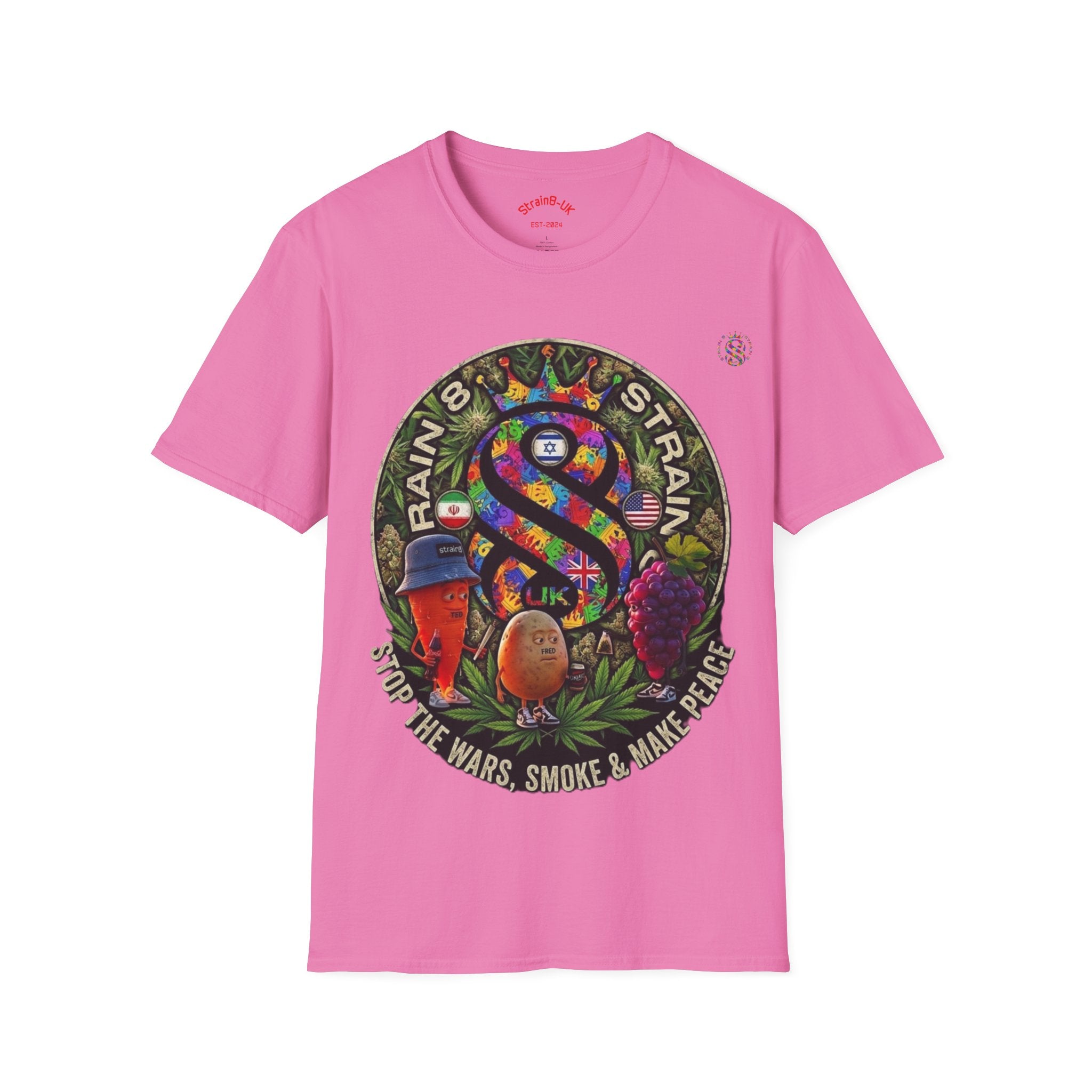 Rainbow Strain8-UK T‑Shirt — Psychedelic Cannabis Art Tee (Stop the Wars, Smoke & Make Peace)
