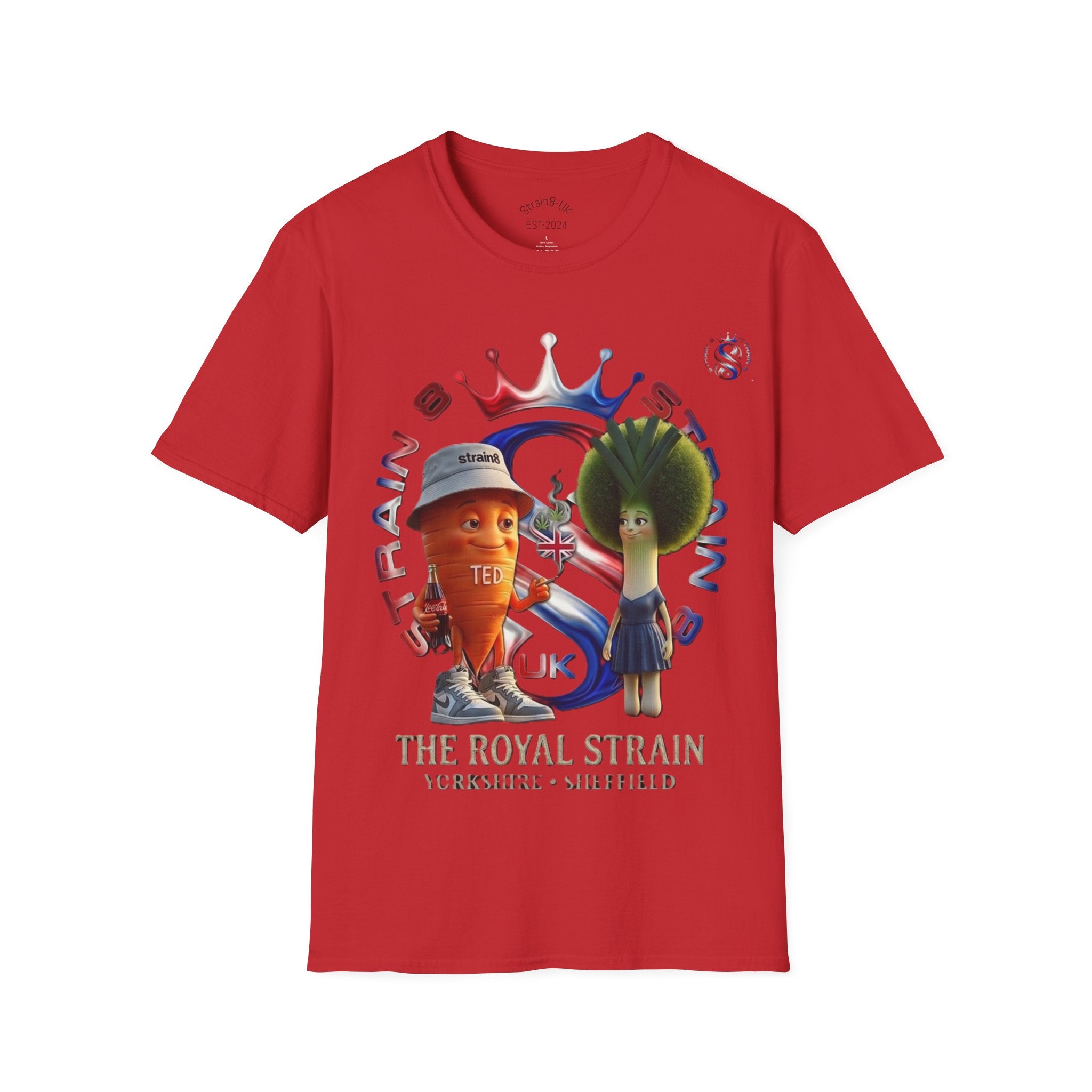 The Royal Strain8-UK T‑Shirt – Cute Cartoon Ted the carrot & Lucy the leak Veggie Characters Tee