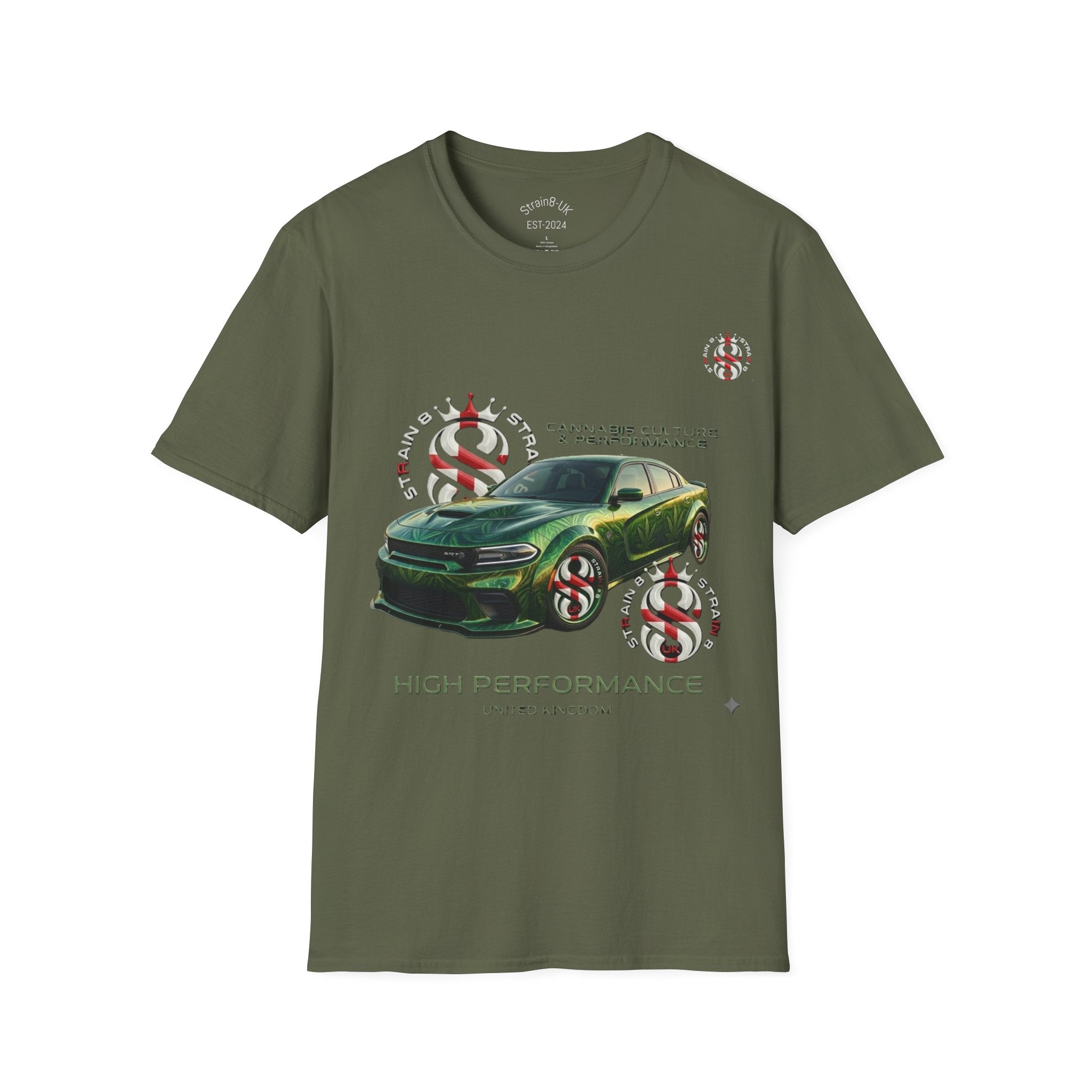 High Performance Strain8-UK Muscle Car T‑Shirt — Green Sports Car Graphic St George Cross Alloys Tee