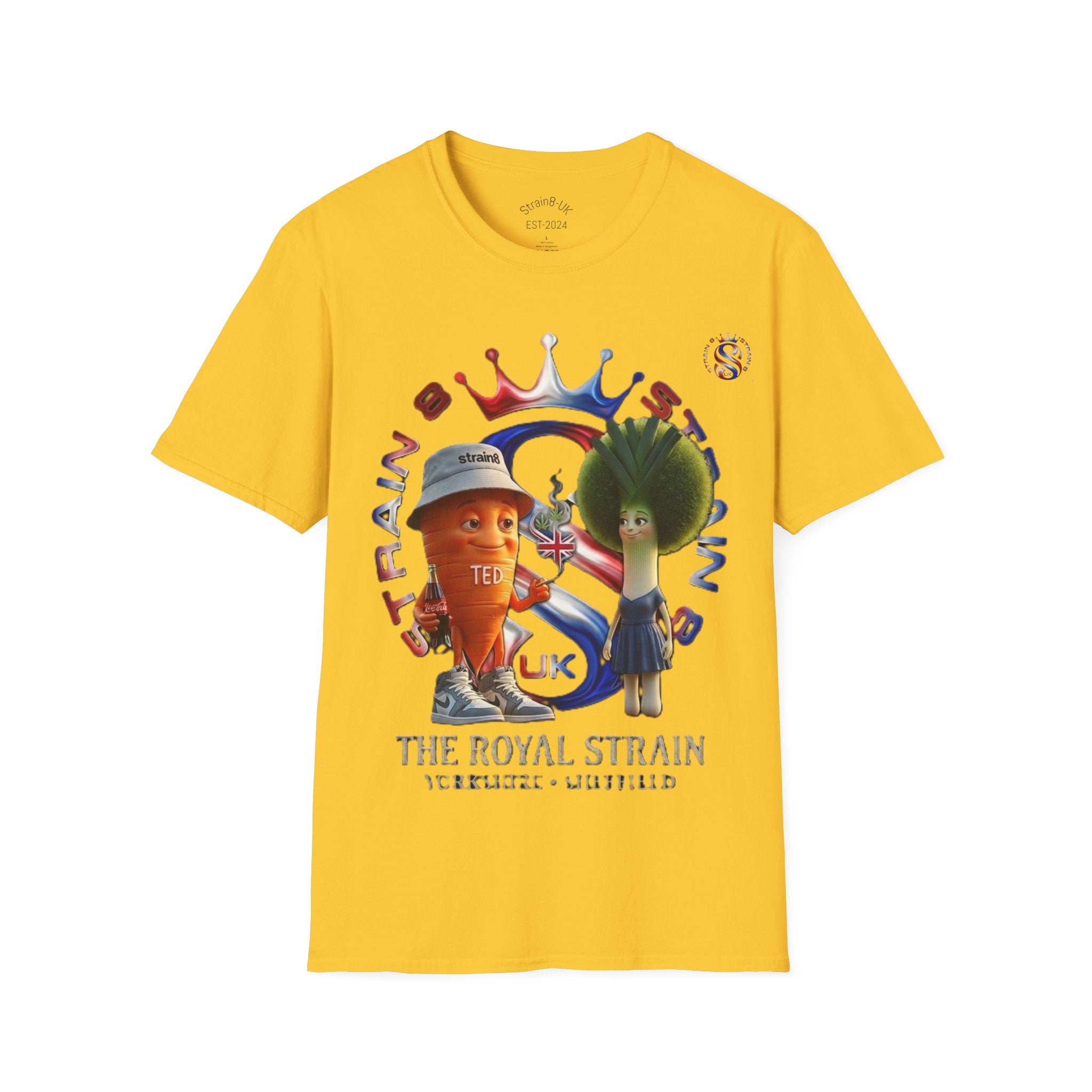 The Royal Strain8-UK T‑Shirt – Cute Cartoon Ted the carrot & Lucy the leak Veggie Characters Tee