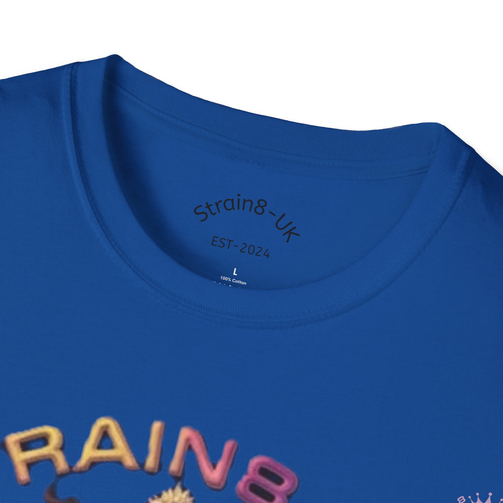 Strain8-UK T‑Shirt — Vibrant Psychedelic Leaf&Logo ‘STRAIN8-UK’ Graphic Tee