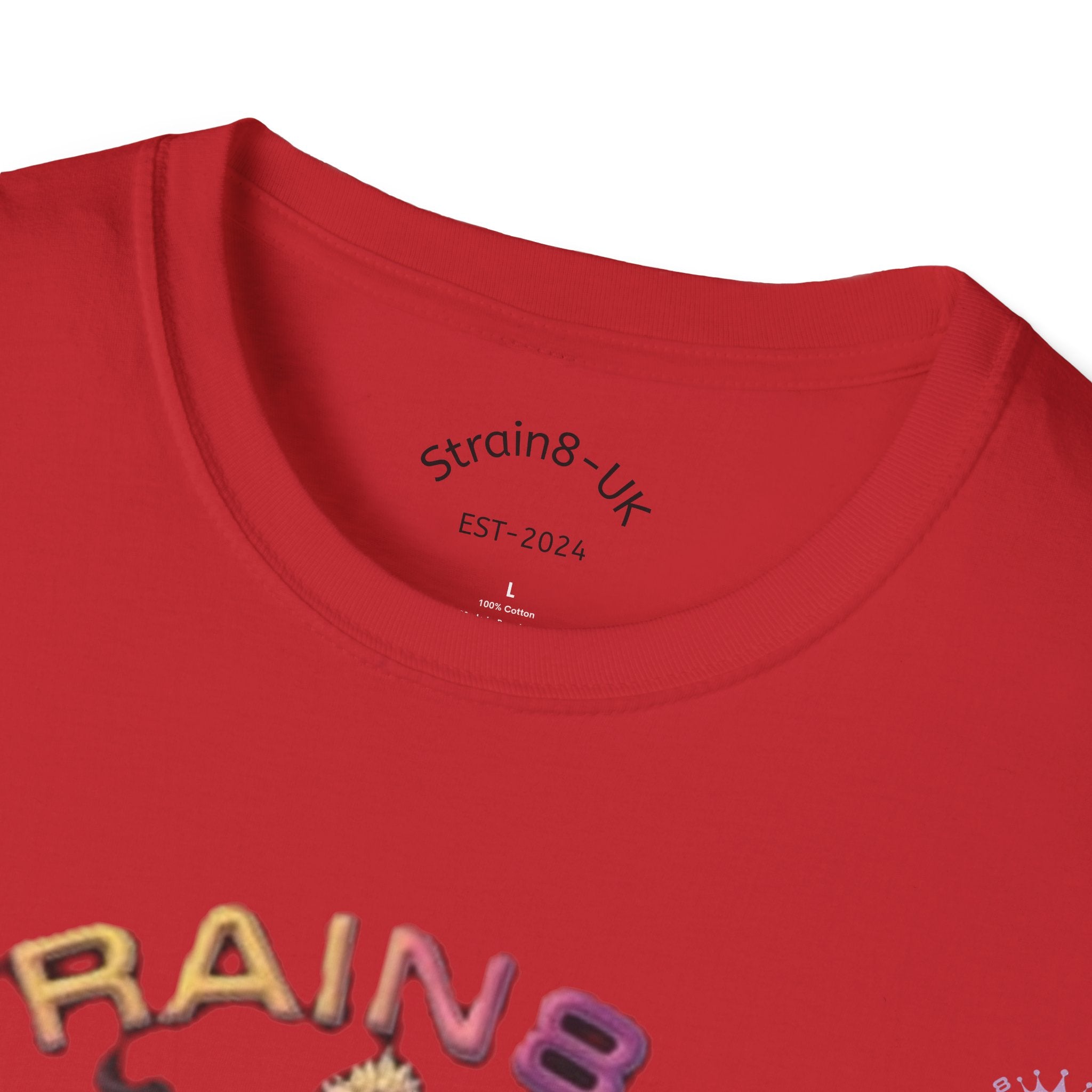 Strain8-UK T‑Shirt — Vibrant Psychedelic Leaf&Logo ‘STRAIN8-UK’ Graphic Tee