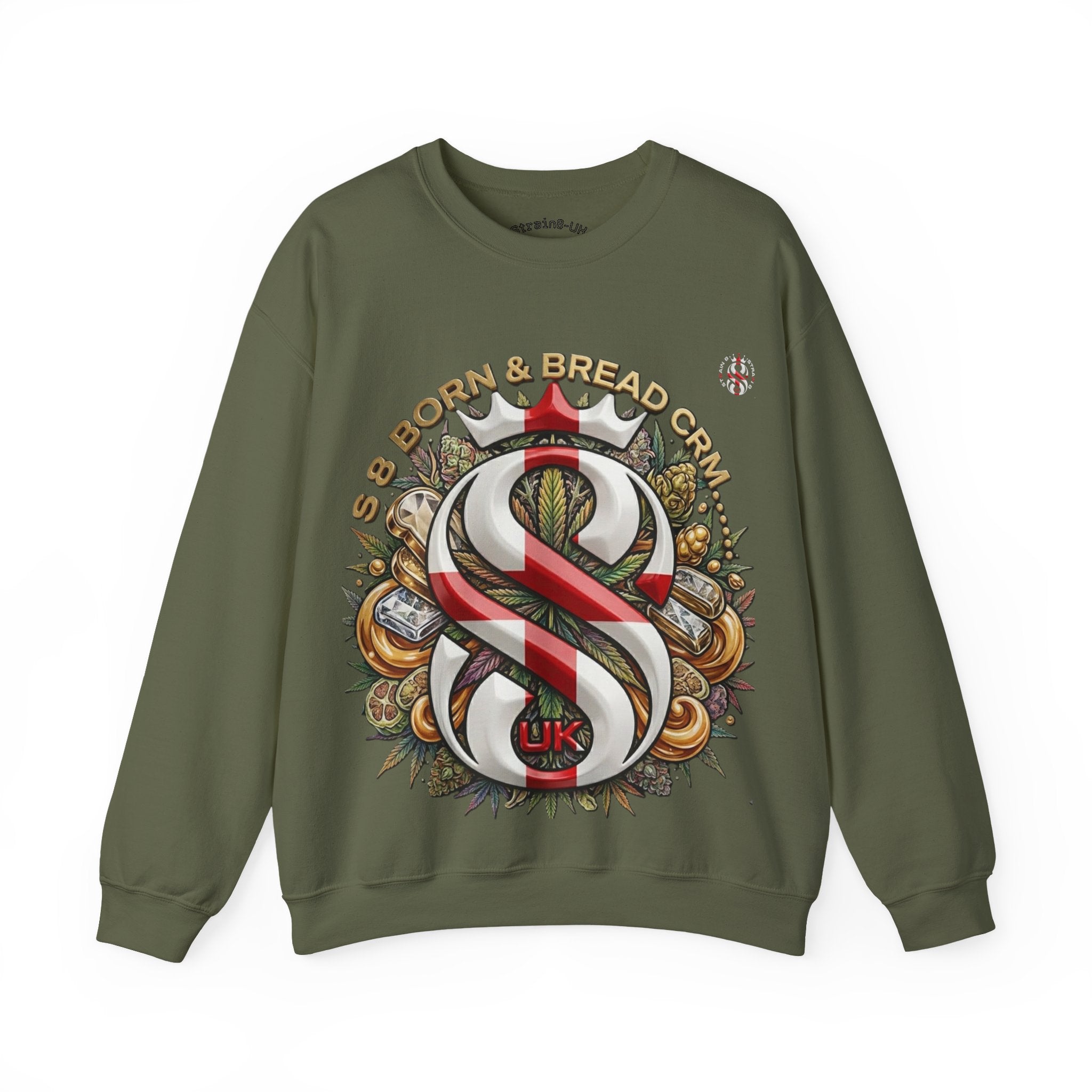 Crewneck Sweatshirt — Celtic S8-UK & Red Ribbon Emblem with ‘Born & Bread Again’ Graphic CRM EDITION