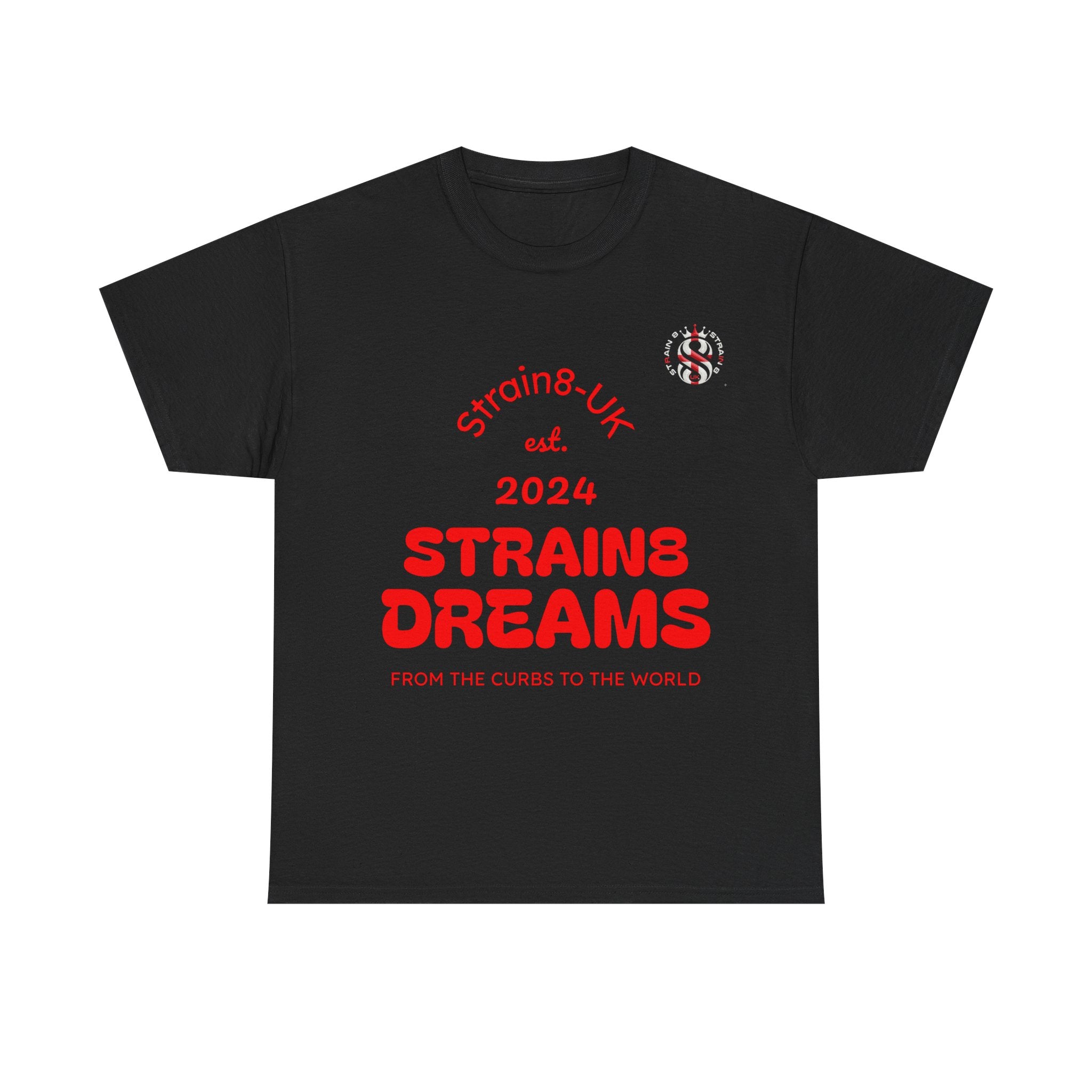 Strain8-UK Dreams 2024 St george cross & spanish flag original logo Tee — Graphic Band Tour Style T‑Shirt