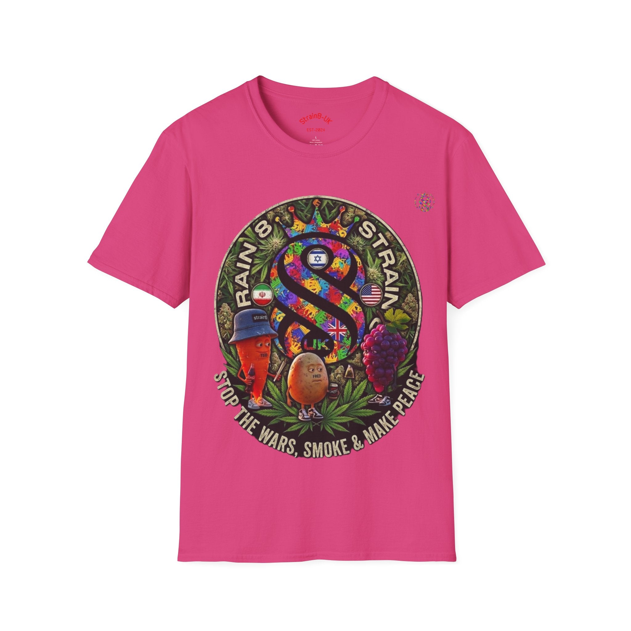 Rainbow Strain8-UK T‑Shirt — Psychedelic Cannabis Art Tee (Stop the Wars, Smoke & Make Peace)