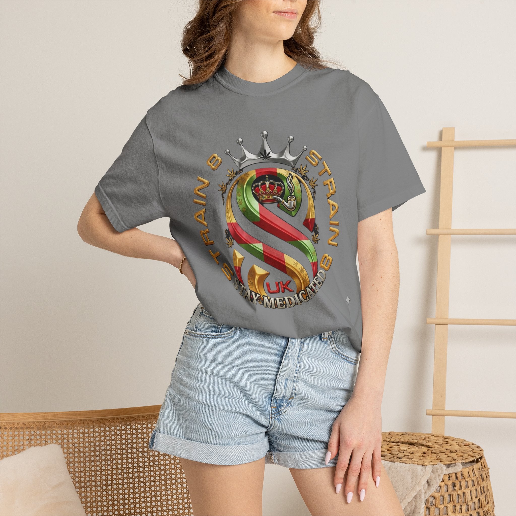 Strain8-UK Crown Logo T-Shirt — St George Cross Mixed With Spanish Flahg-Inspired Graphic Tee