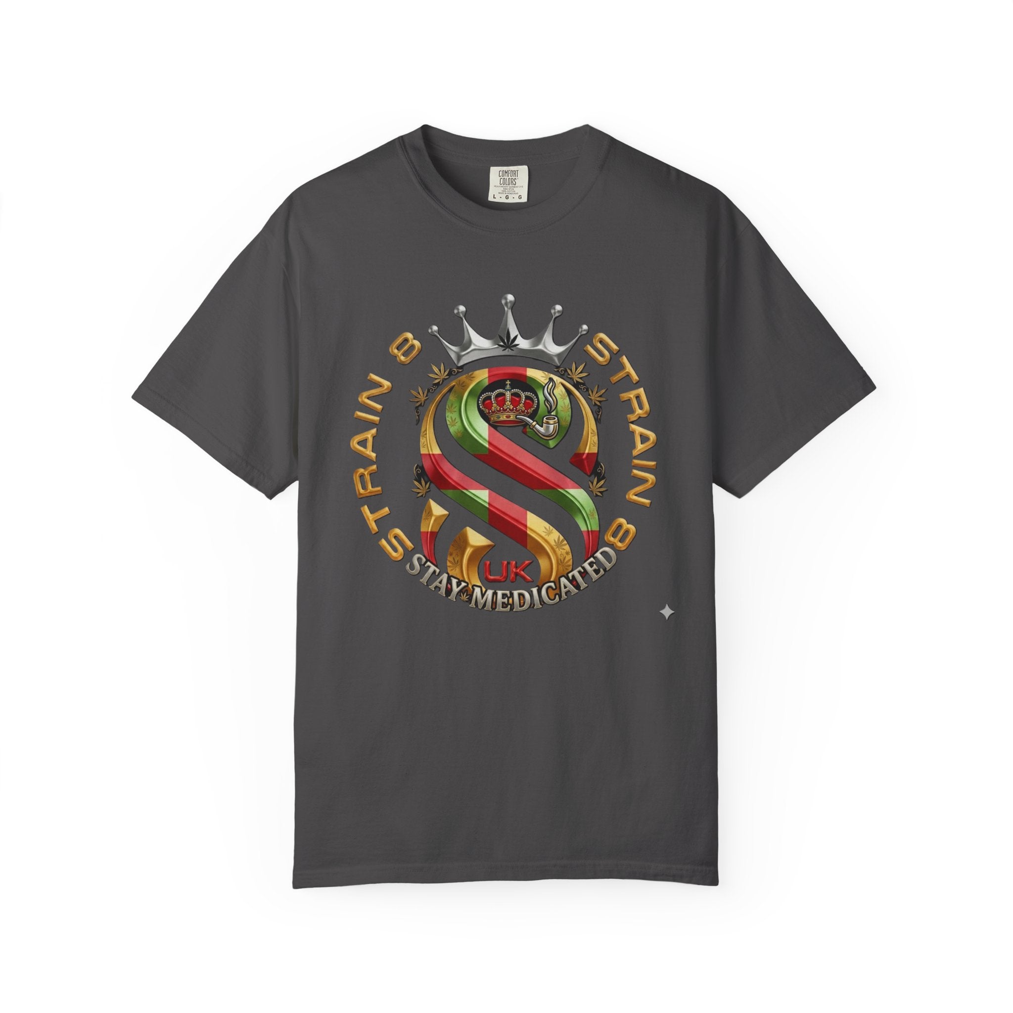 Strain8-UK Crown Logo T-Shirt — St George Cross Mixed With Spanish Flahg-Inspired Graphic Tee