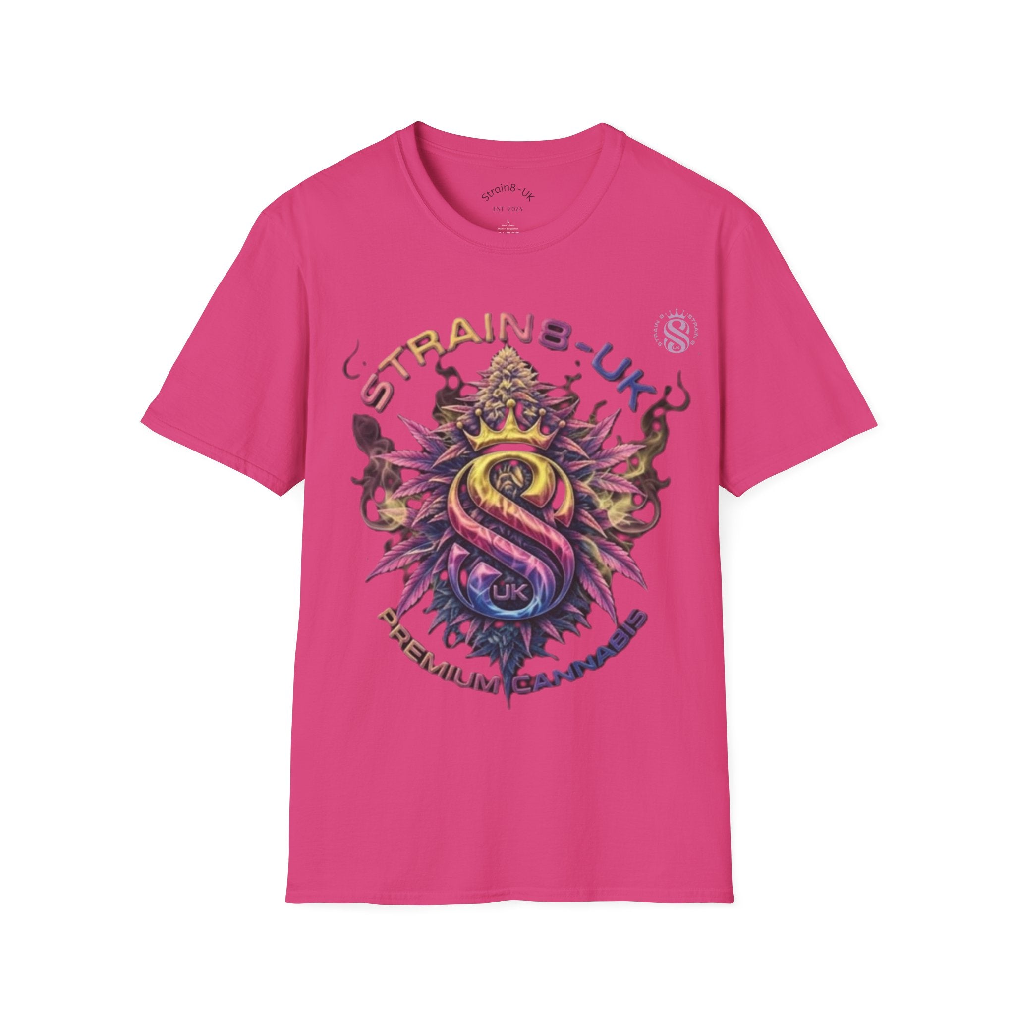 Strain8-UK T‑Shirt — Vibrant Psychedelic Leaf&Logo ‘STRAIN8-UK’ Graphic Tee