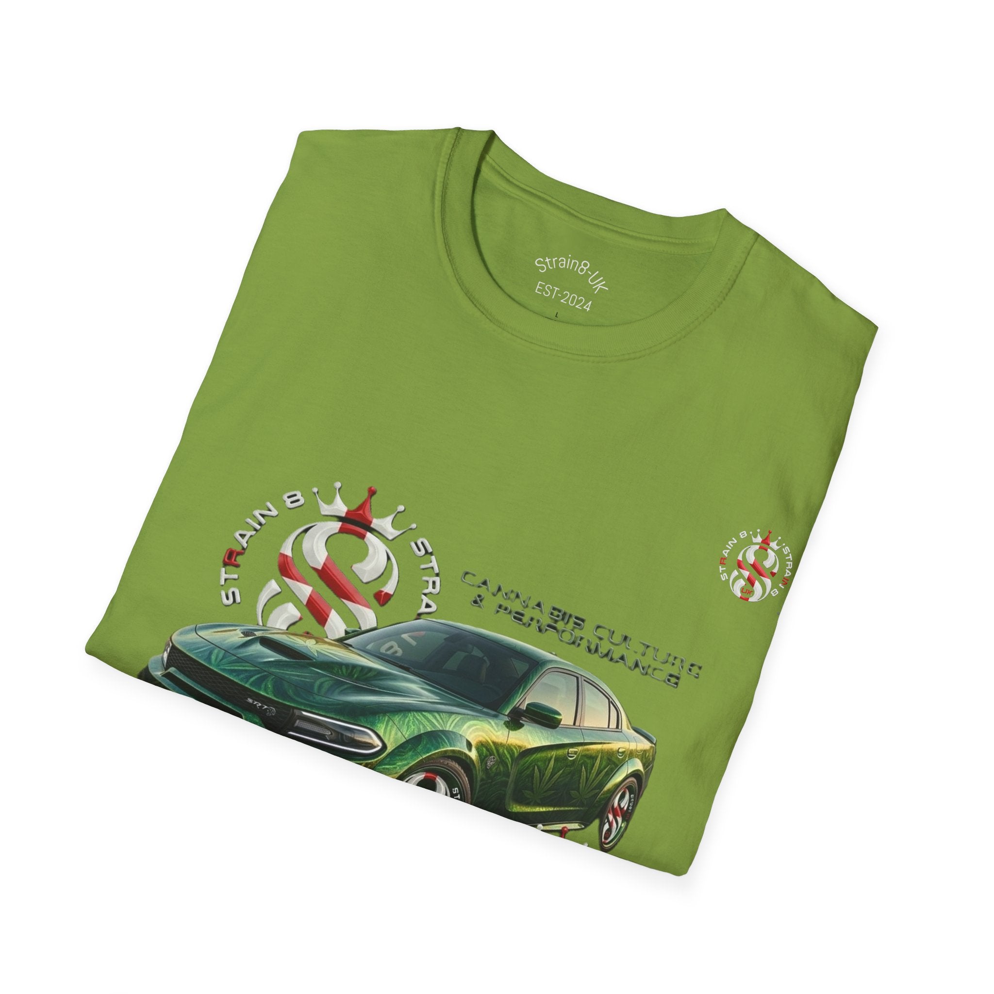 High Performance Strain8-UK Muscle Car T‑Shirt — Green Sports Car Graphic St George Cross Alloys Tee