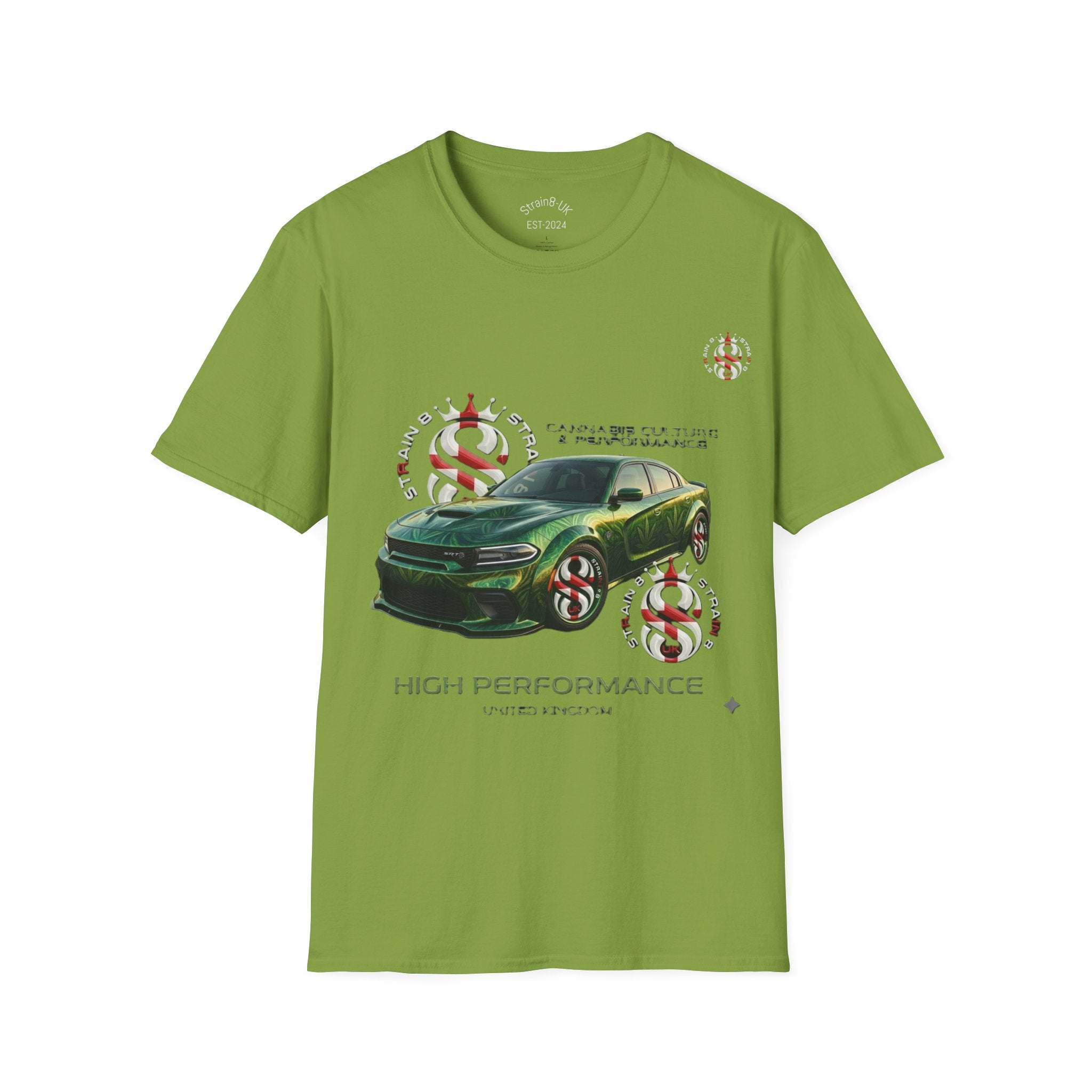 High Performance Strain8-UK Muscle Car T‑Shirt — Green Sports Car Graphic St George Cross Alloys Tee