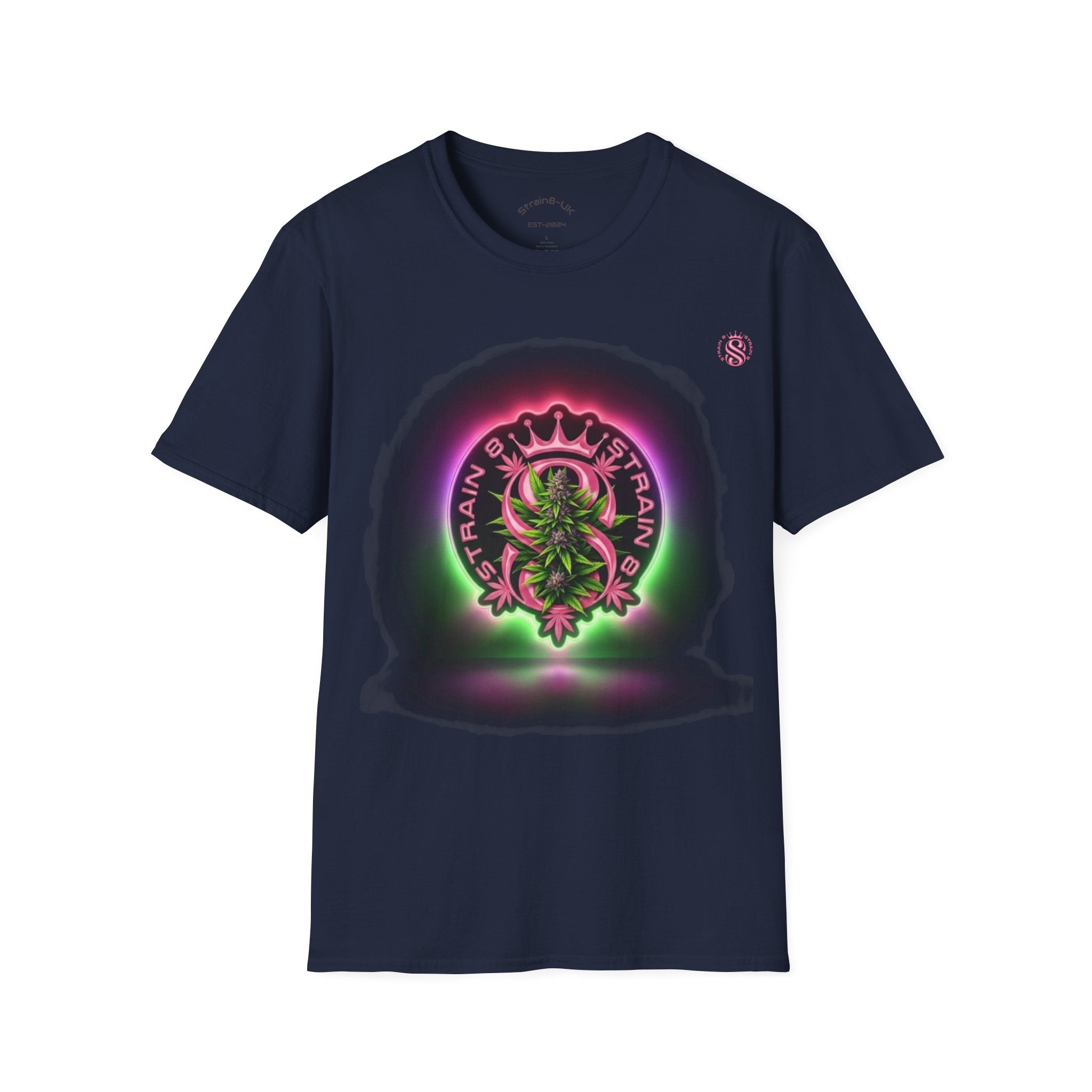 Unisex Softstyle Strain8-UK Neon Glow S8-UK Logo with flower Design T-Shirt