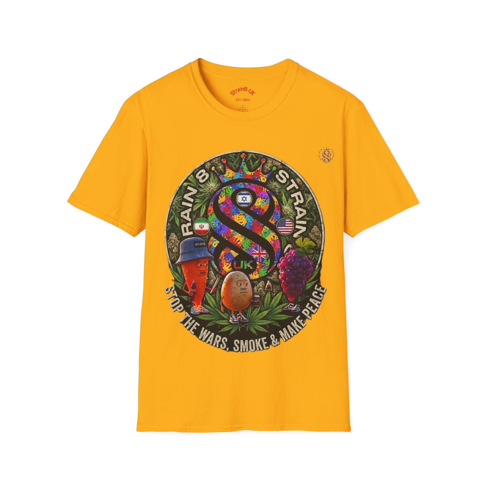 Rainbow Strain8-UK T‑Shirt — Psychedelic Cannabis Art Tee (Stop the Wars, Smoke & Make Peace)