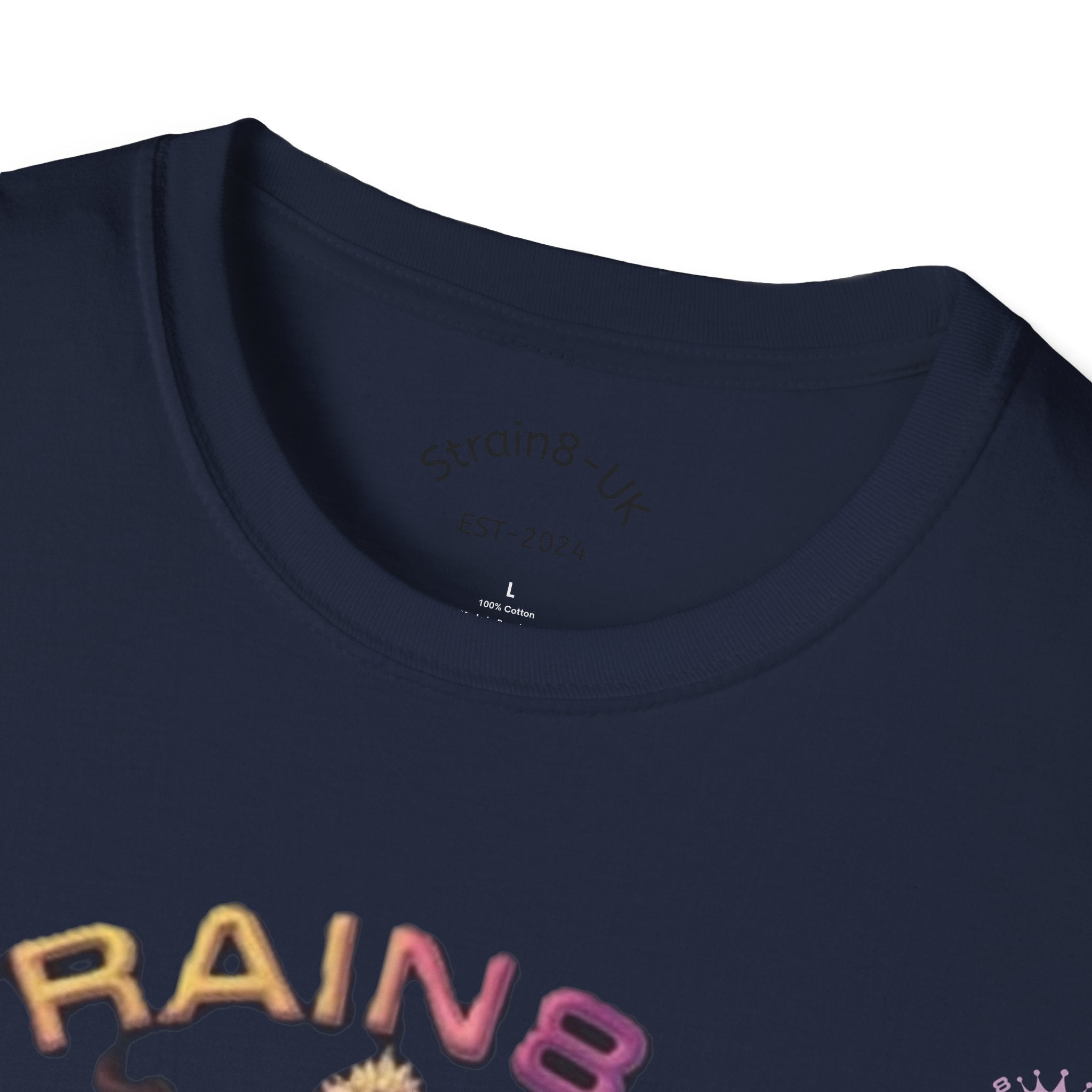 Strain8-UK T‑Shirt — Vibrant Psychedelic Leaf&Logo ‘STRAIN8-UK’ Graphic Tee