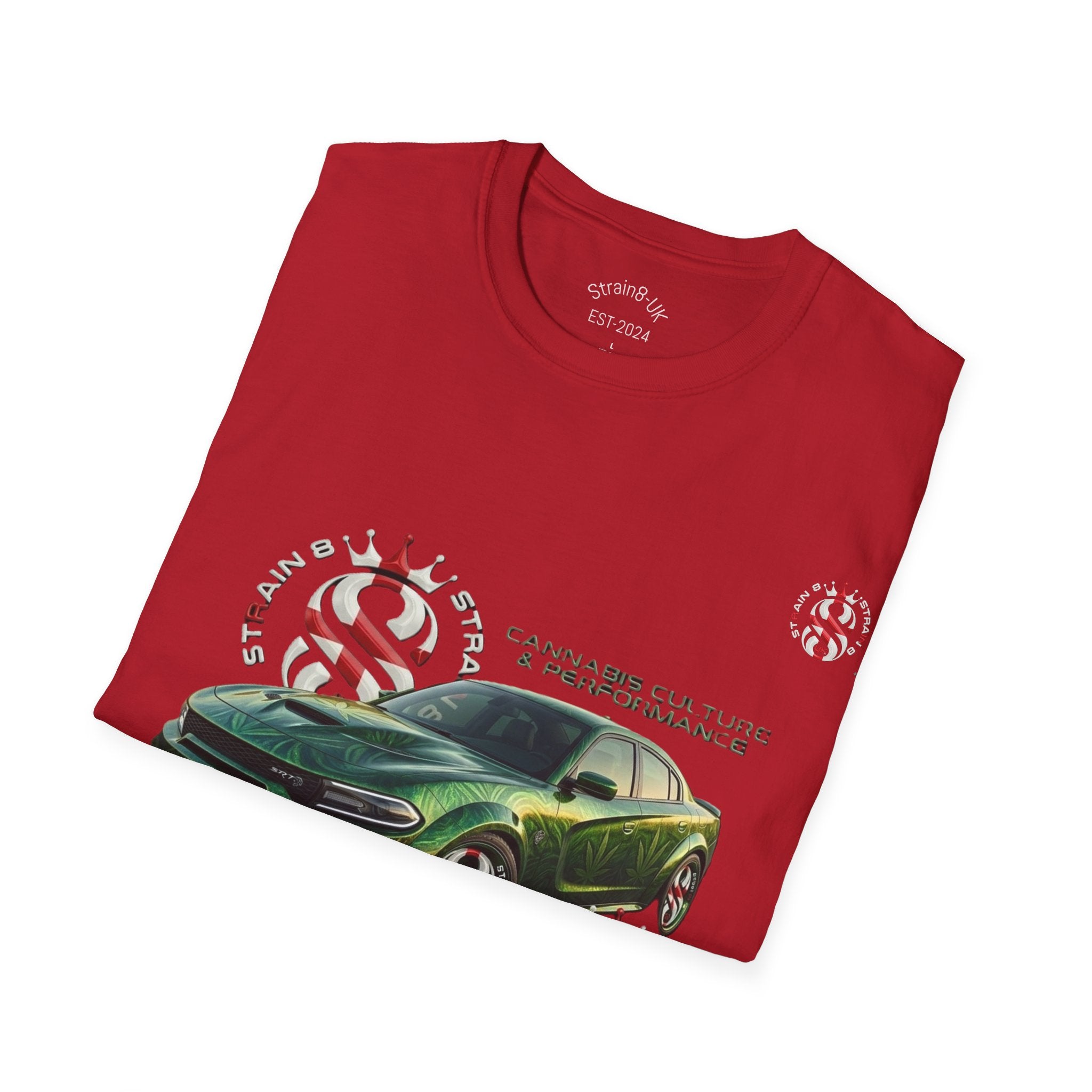 High Performance Strain8-UK Muscle Car T‑Shirt — Green Sports Car Graphic St George Cross Alloys Tee