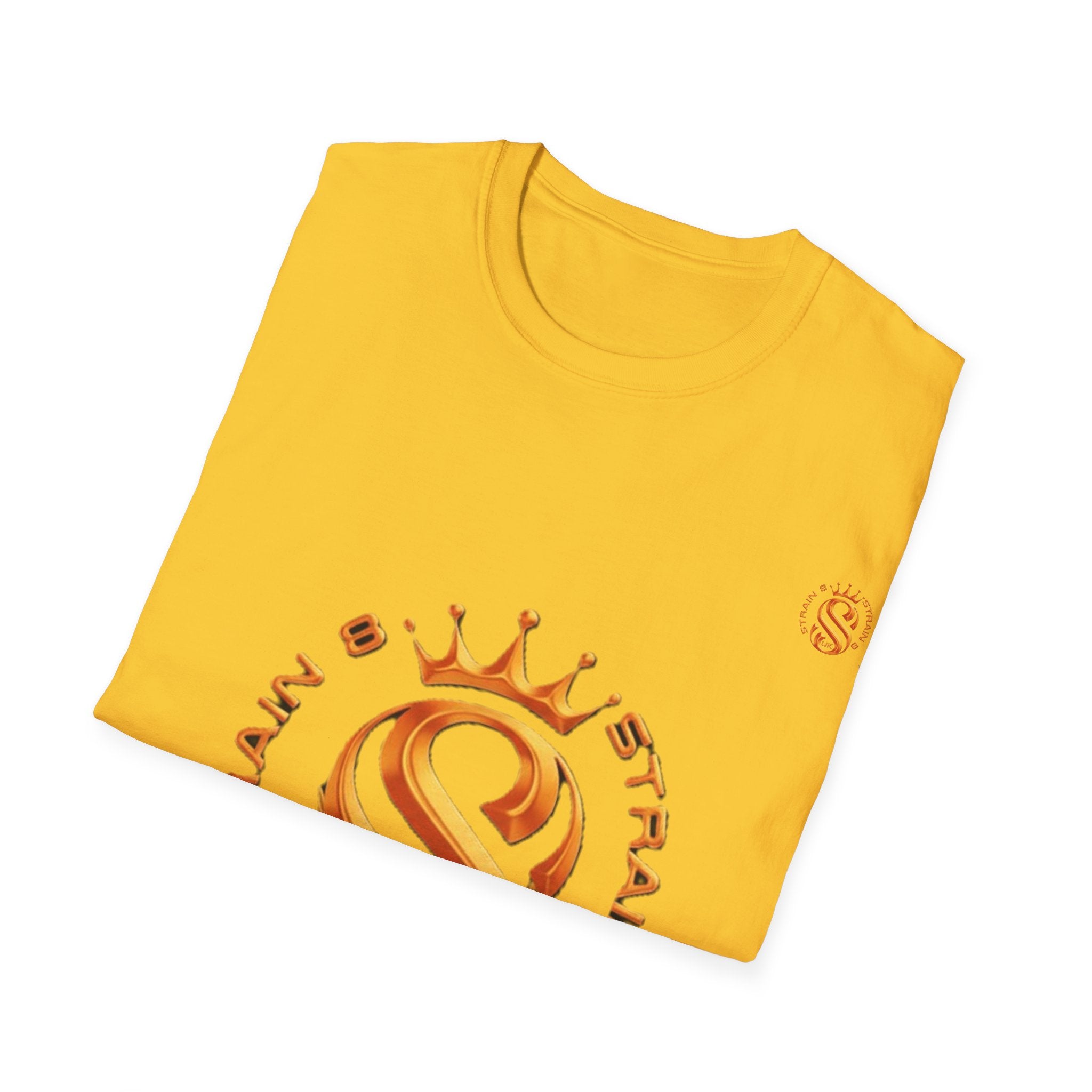 Strain8-UK metallic orange Royal Strain8-UK Emblem T‑Shirt — Crowned Strain8-UK Logo Graphic Tee