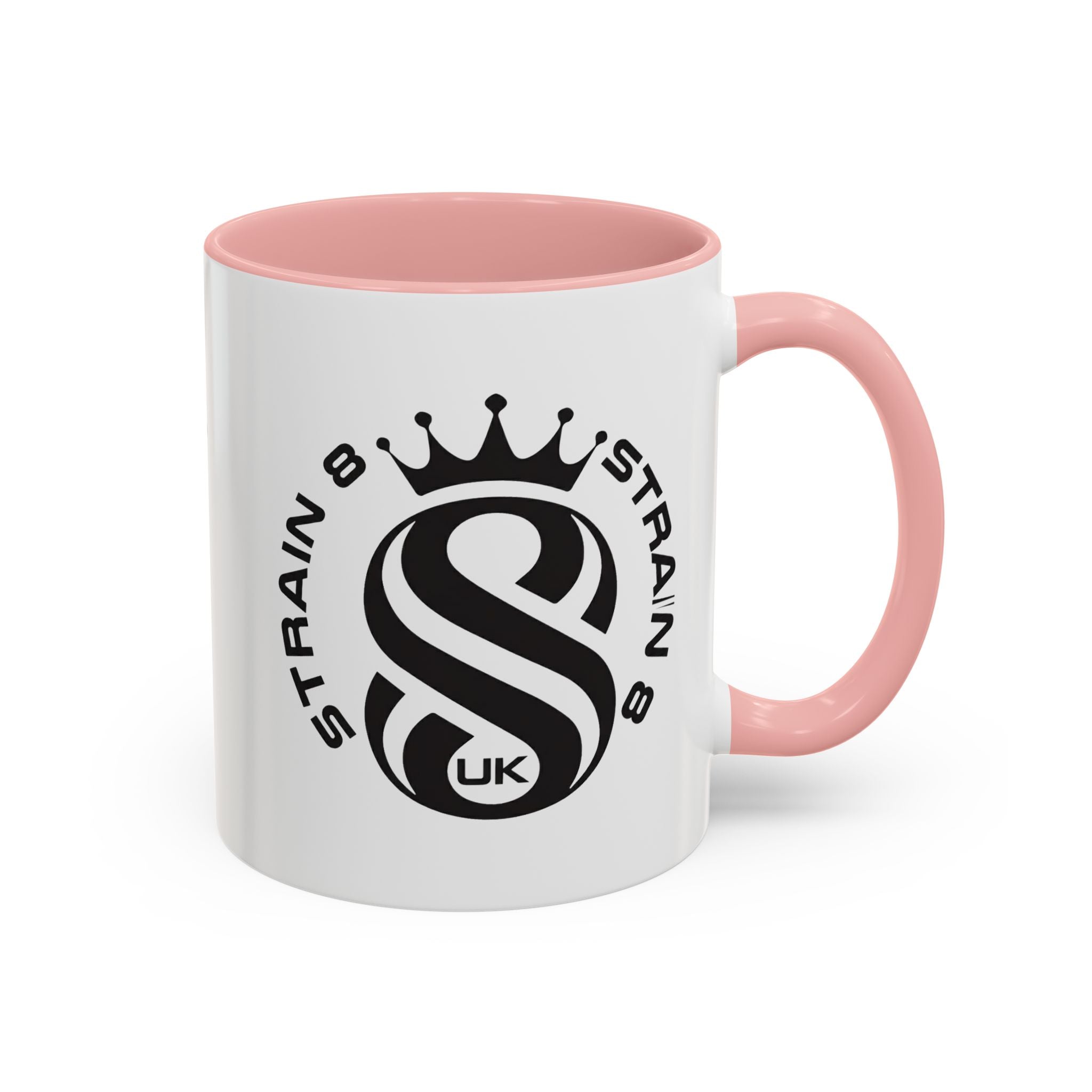 Strain 8 UK Logo Accent Coffee Mug — Crowned S8 Black & White