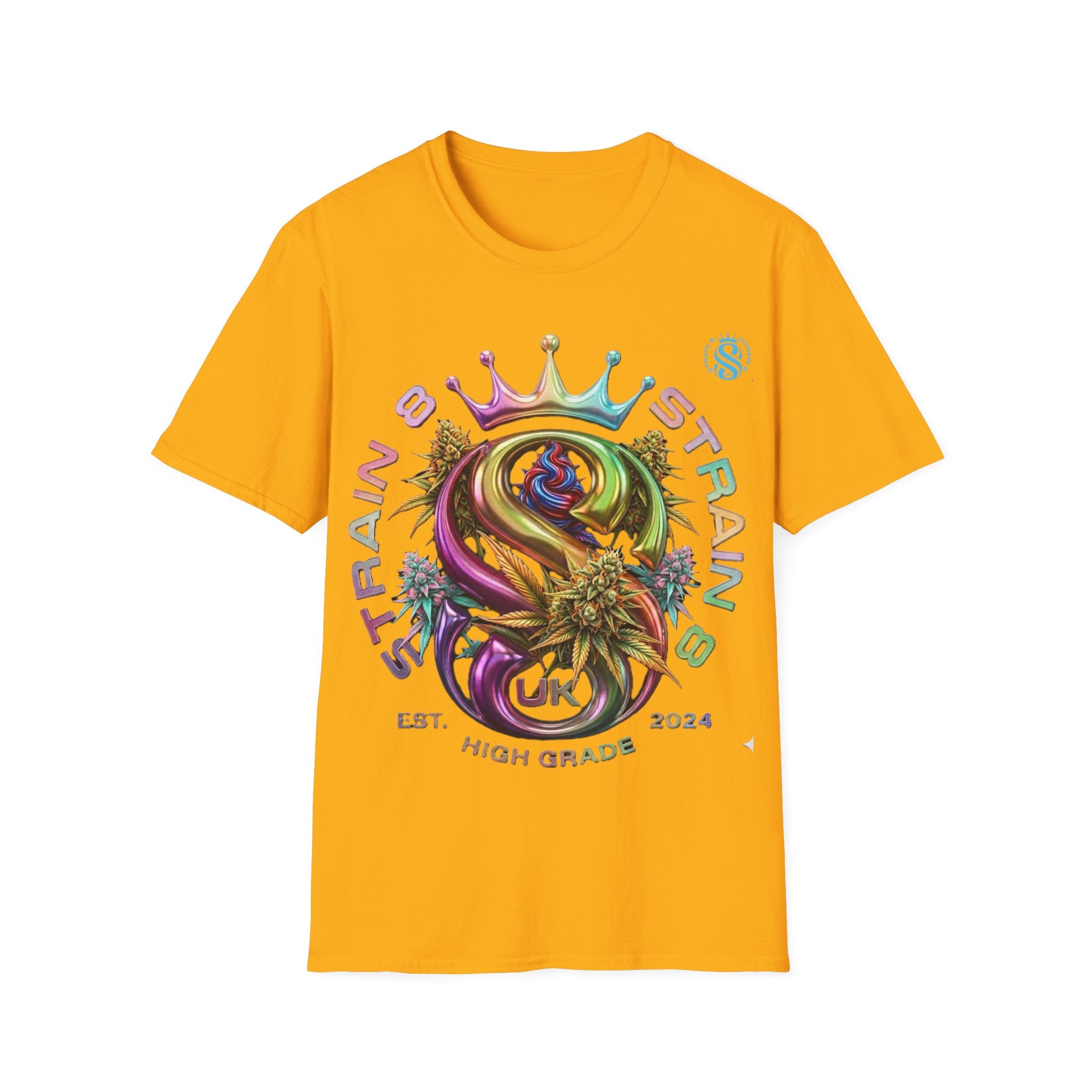 Strain8-UK Logo Crown Graphic T-Shirt — High Grade Cannabis Design