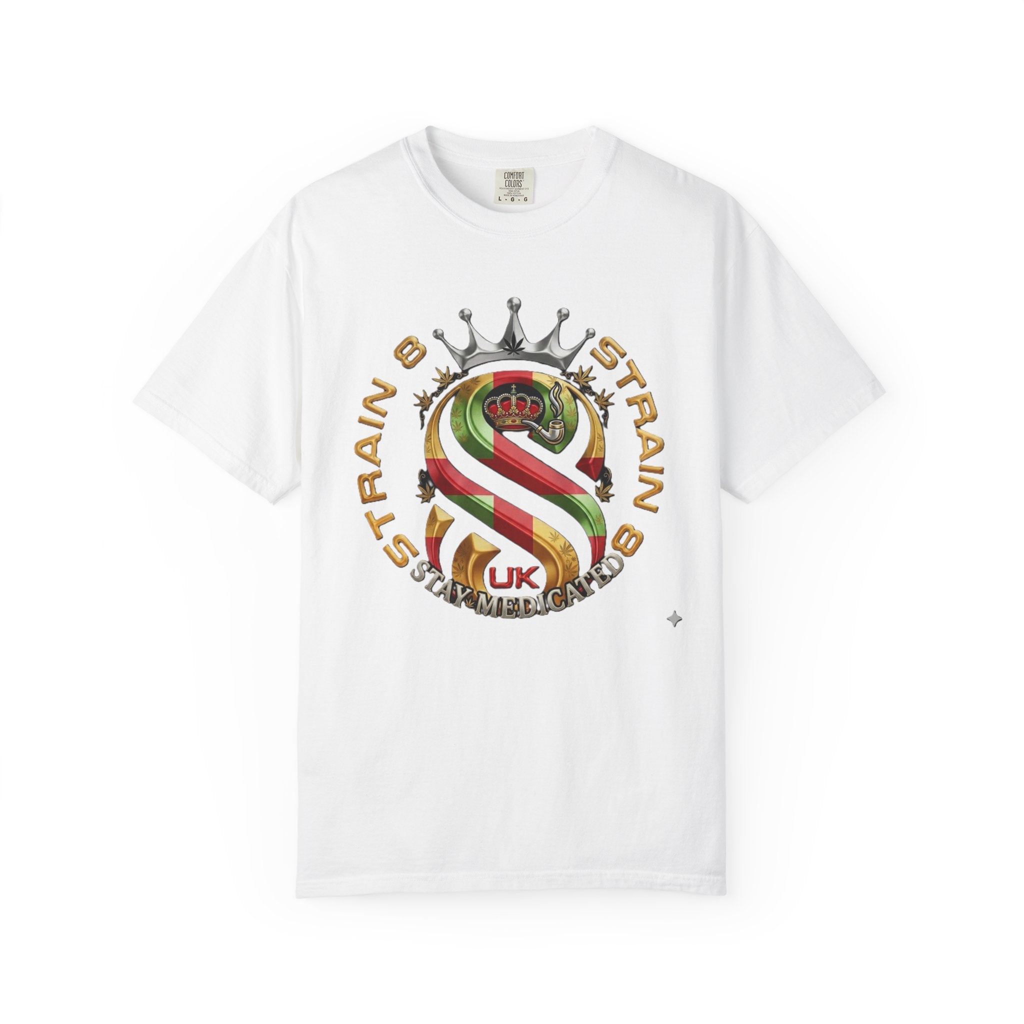 Strain8-UK Crown Logo T-Shirt — St George Cross Mixed With Spanish Flahg-Inspired Graphic Tee