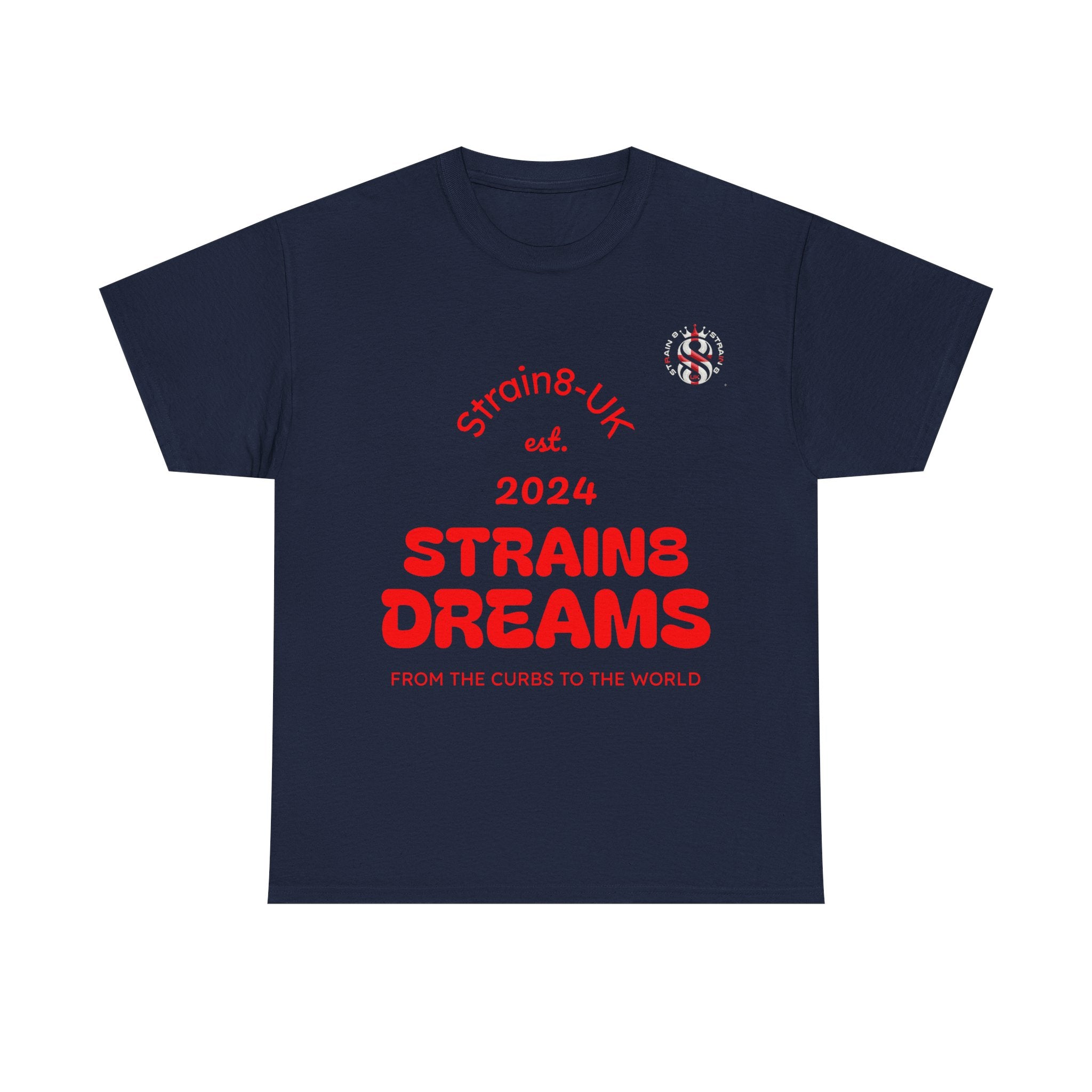 Strain8-UK Dreams 2024 St george cross & spanish flag original logo Tee — Graphic Band Tour Style T‑Shirt