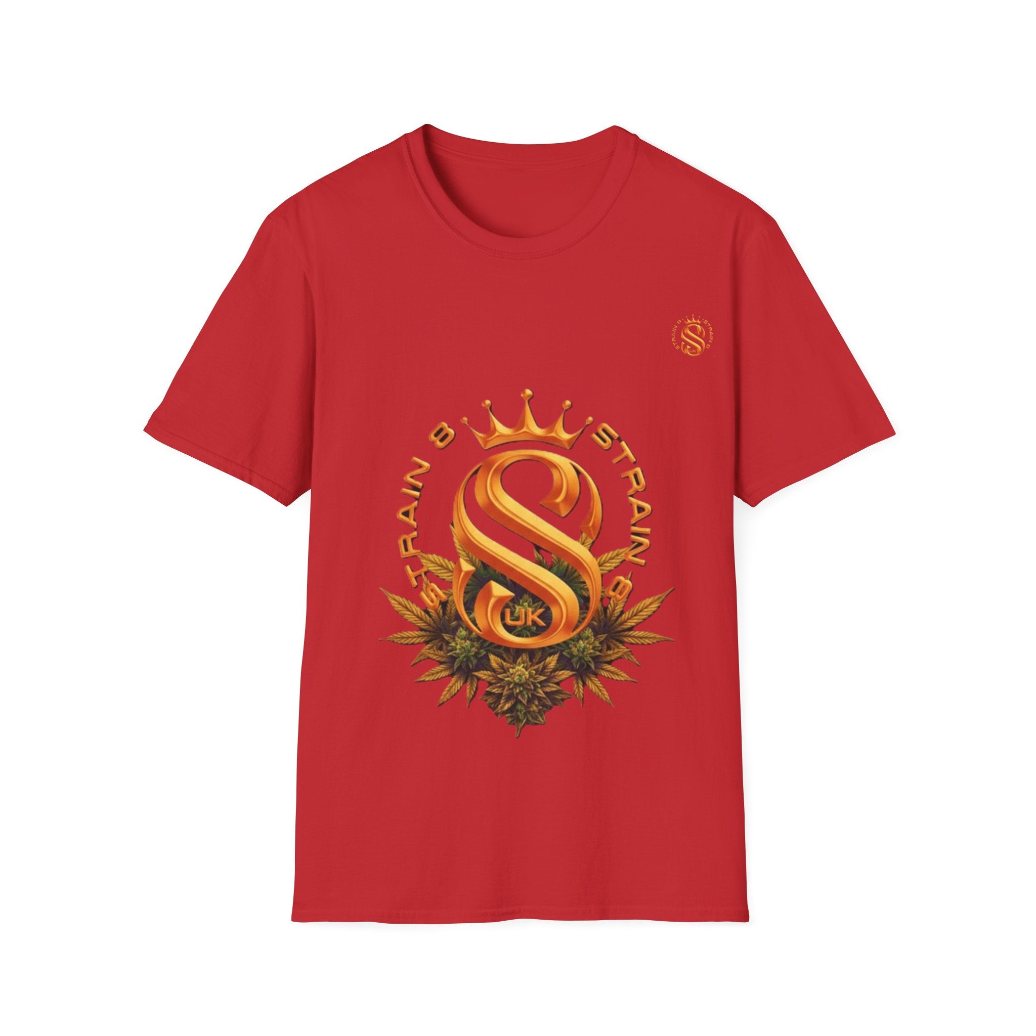 Strain8-UK metallic orange Royal Strain8-UK Emblem T‑Shirt — Crowned Strain8-UK Logo Graphic Tee