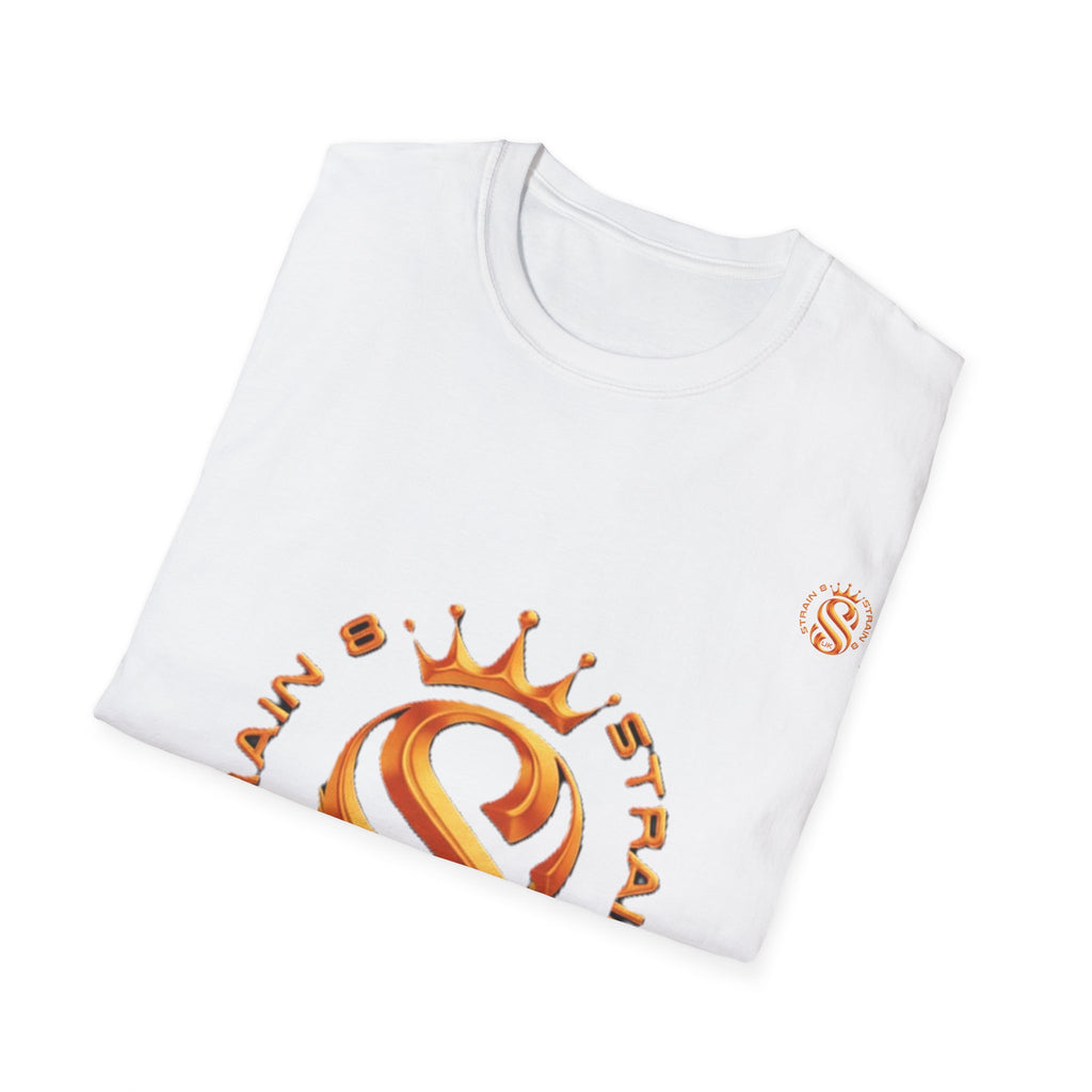 Strain8-UK metallic orange Royal Strain8-UK Emblem T‑Shirt — Crowned Strain8-UK Logo Graphic Tee