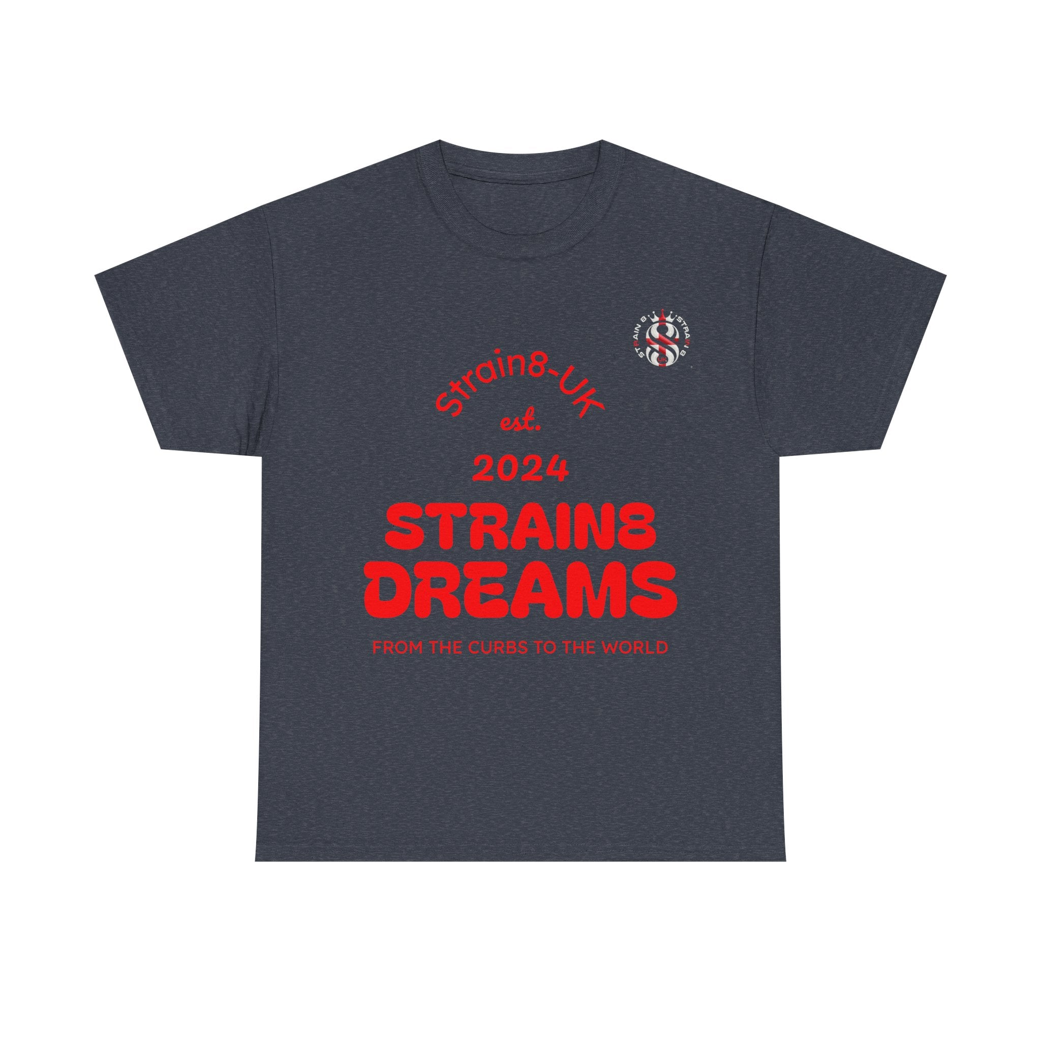 Strain8-UK Dreams 2024 St george cross & spanish flag original logo Tee — Graphic Band Tour Style T‑Shirt