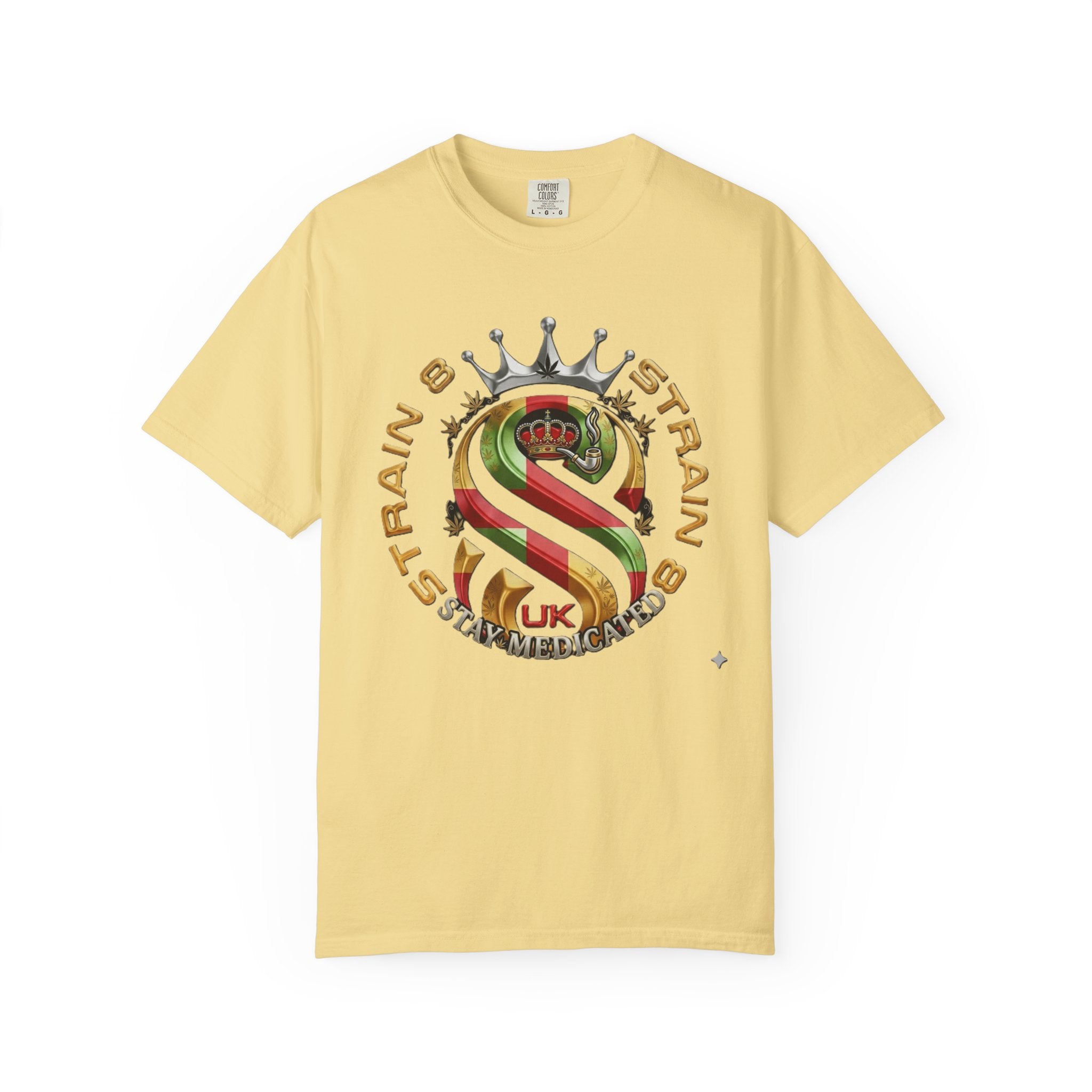 Strain8-UK Crown Logo T-Shirt — St George Cross Mixed With Spanish Flahg-Inspired Graphic Tee