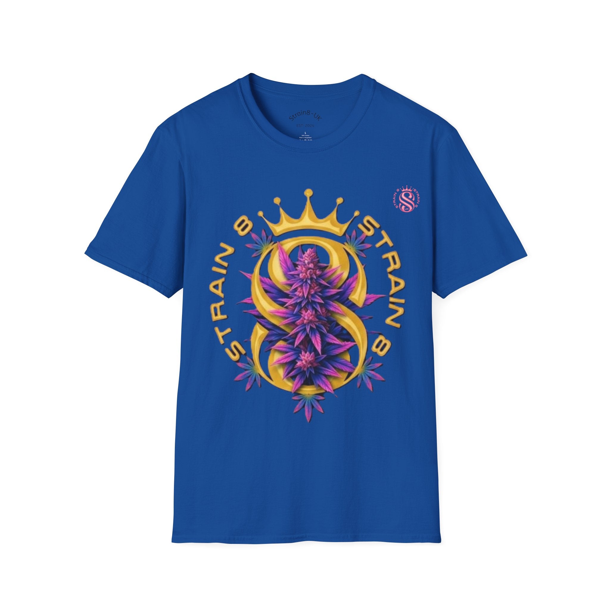 Strain8-UK Crowned Purple Floral & Original Logo T-Shirt — Strain8-UK Graphic Tee