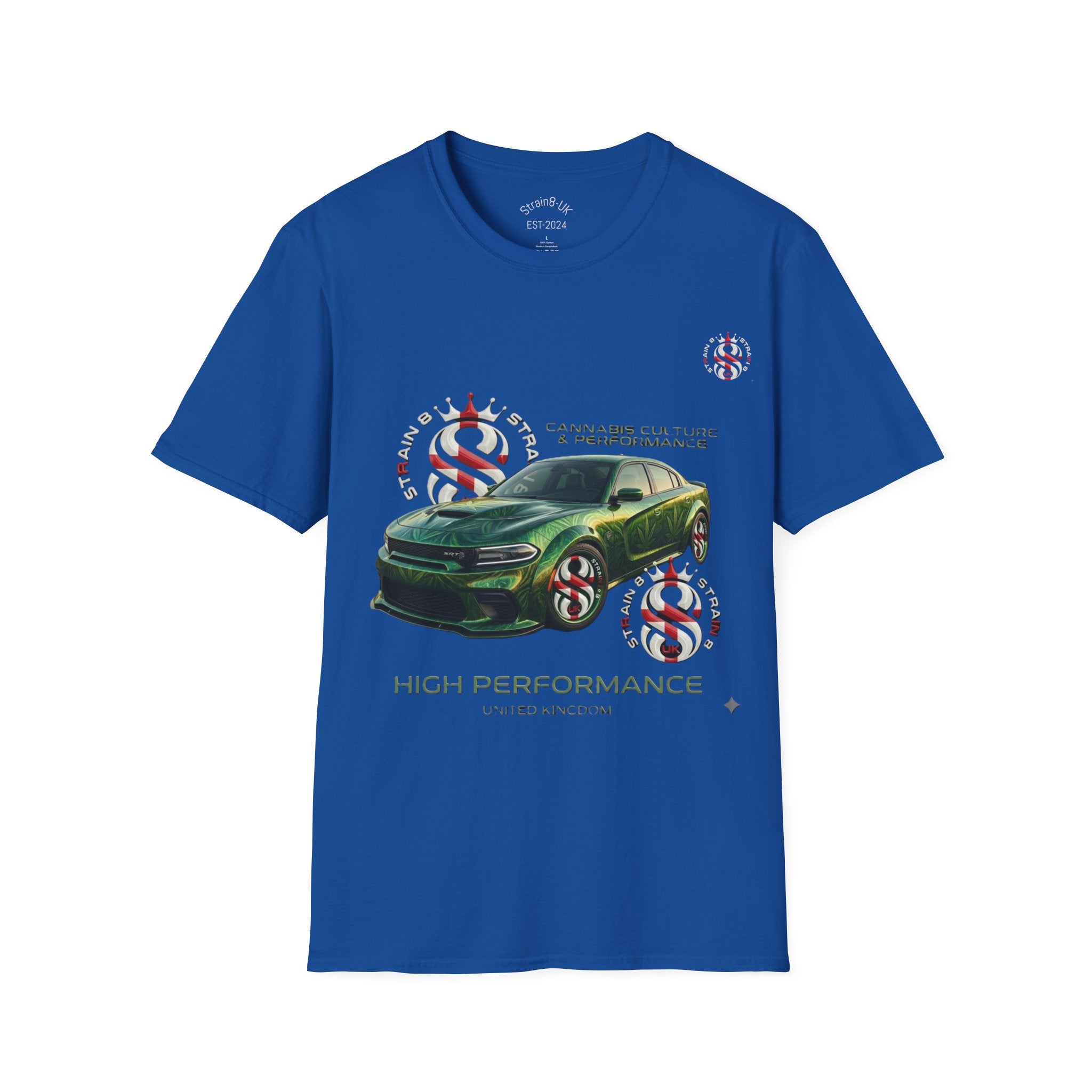 High Performance Strain8-UK Muscle Car T‑Shirt — Green Sports Car Graphic St George Cross Alloys Tee