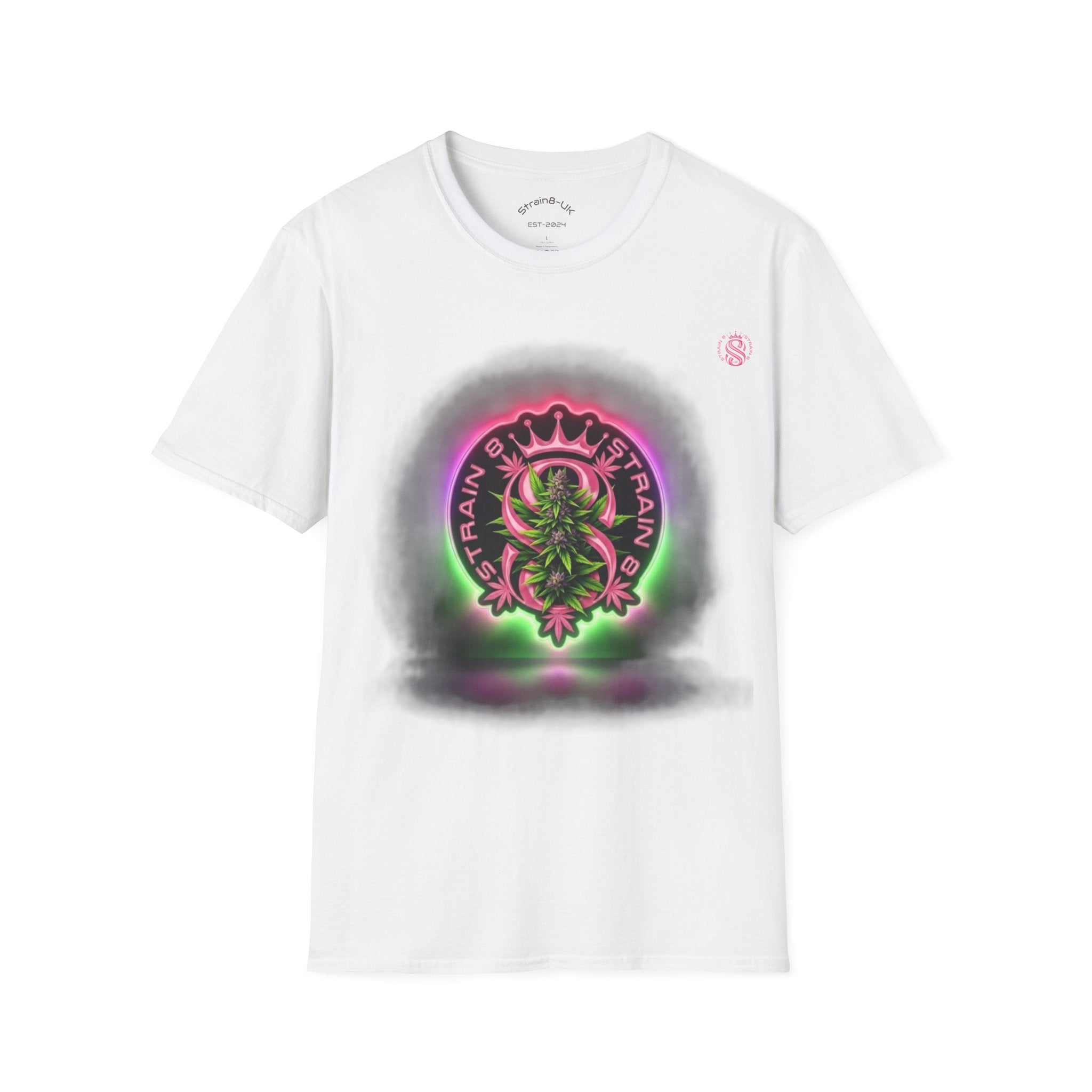 Unisex Softstyle Strain8-UK Neon Glow S8-UK Logo with flower Design T-Shirt