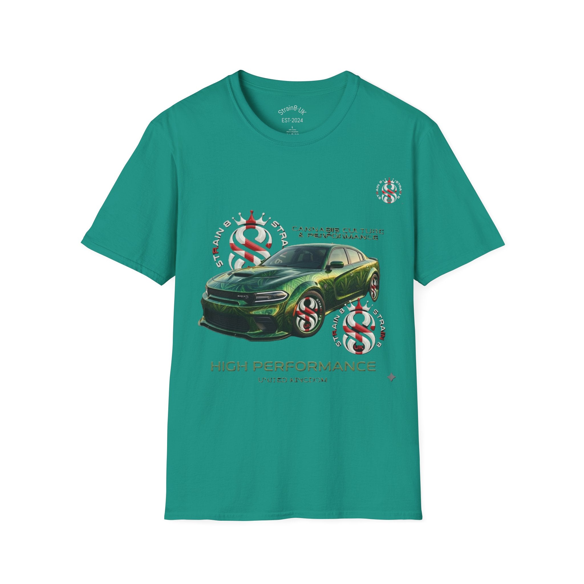 High Performance Strain8-UK Muscle Car T‑Shirt — Green Sports Car Graphic St George Cross Alloys Tee