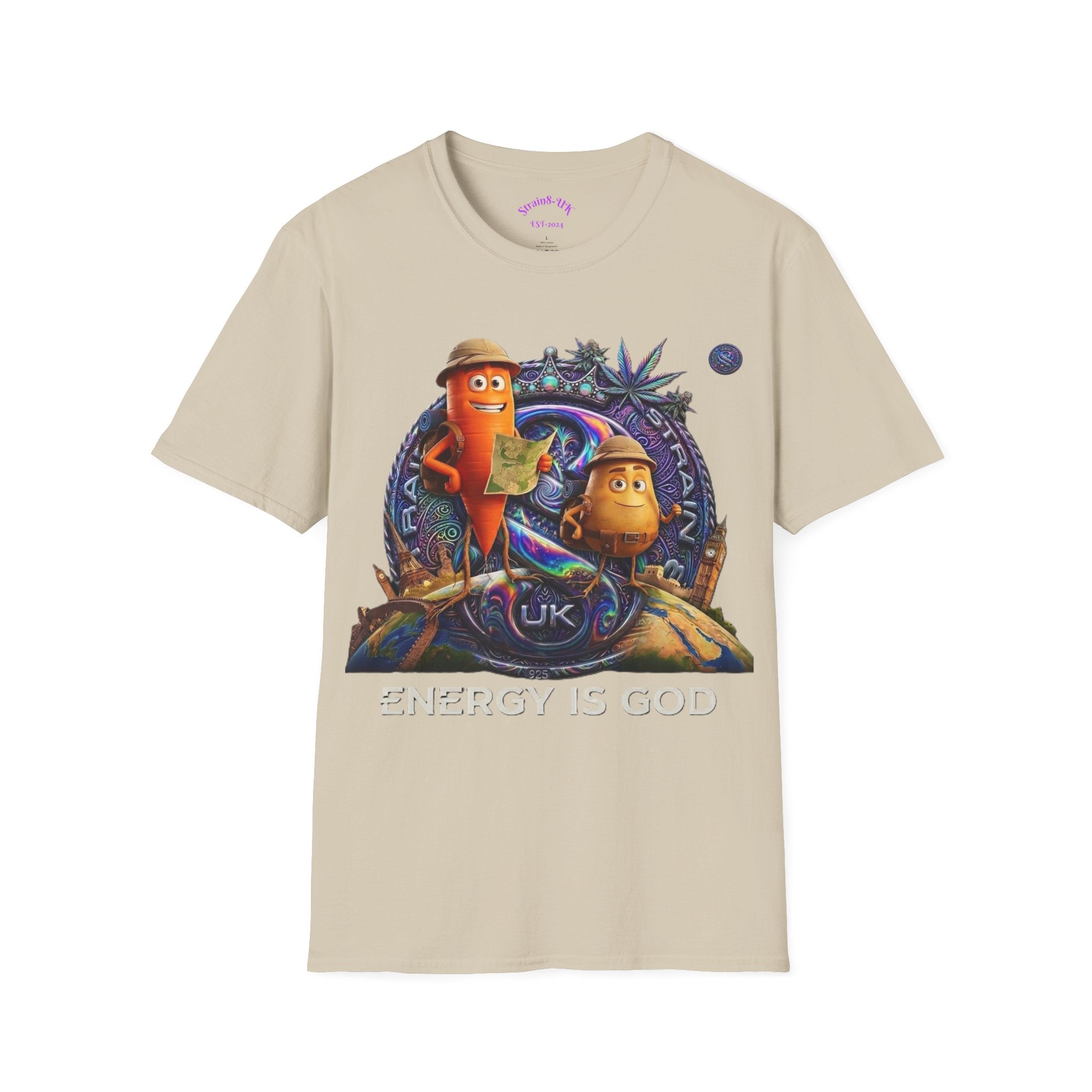 Strain8-UK Ted&Fred Energy Is God T-Shirt — Retro Cartoon Space Energy Design
