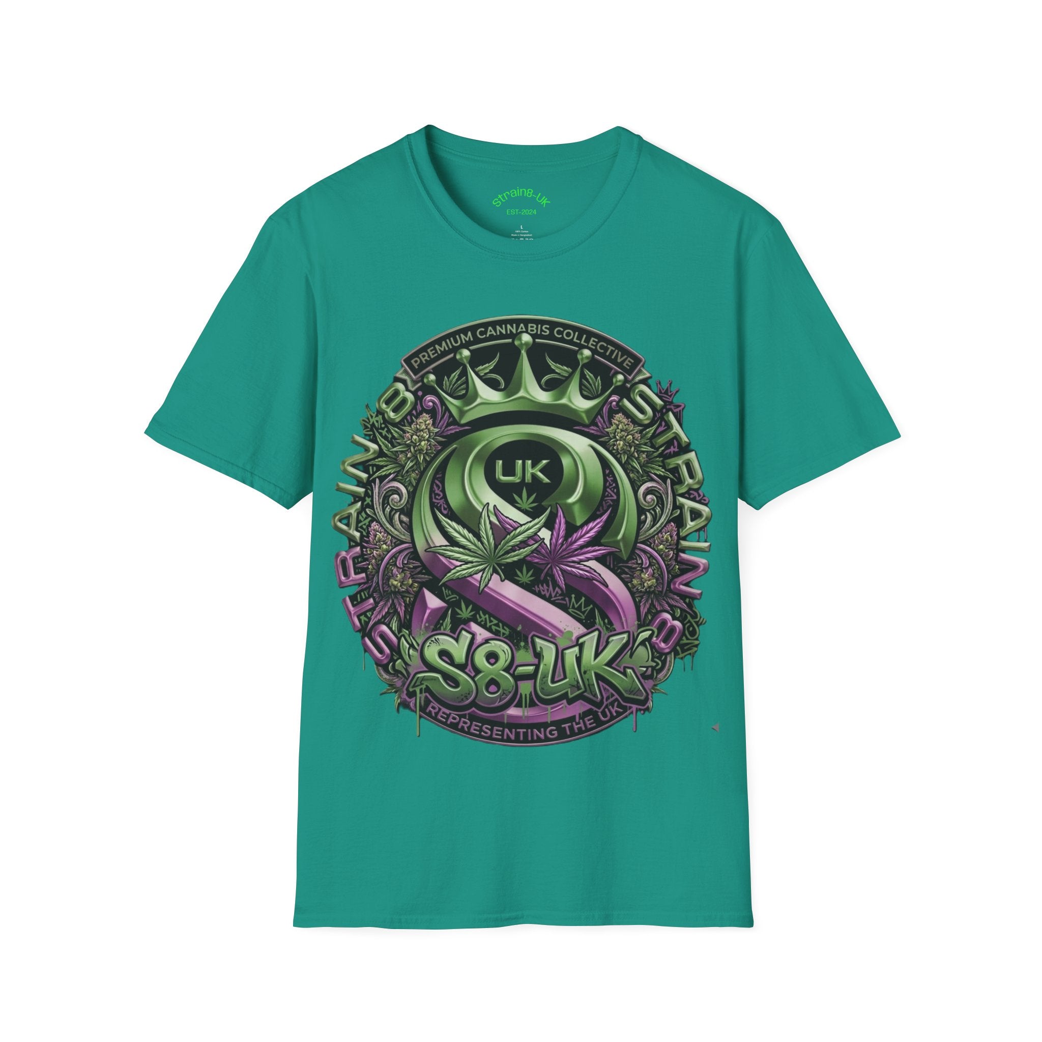 Strain8-UK Cannabis Crown Graffiti T-Shirt — S8-UK Green & Purple Streetwear