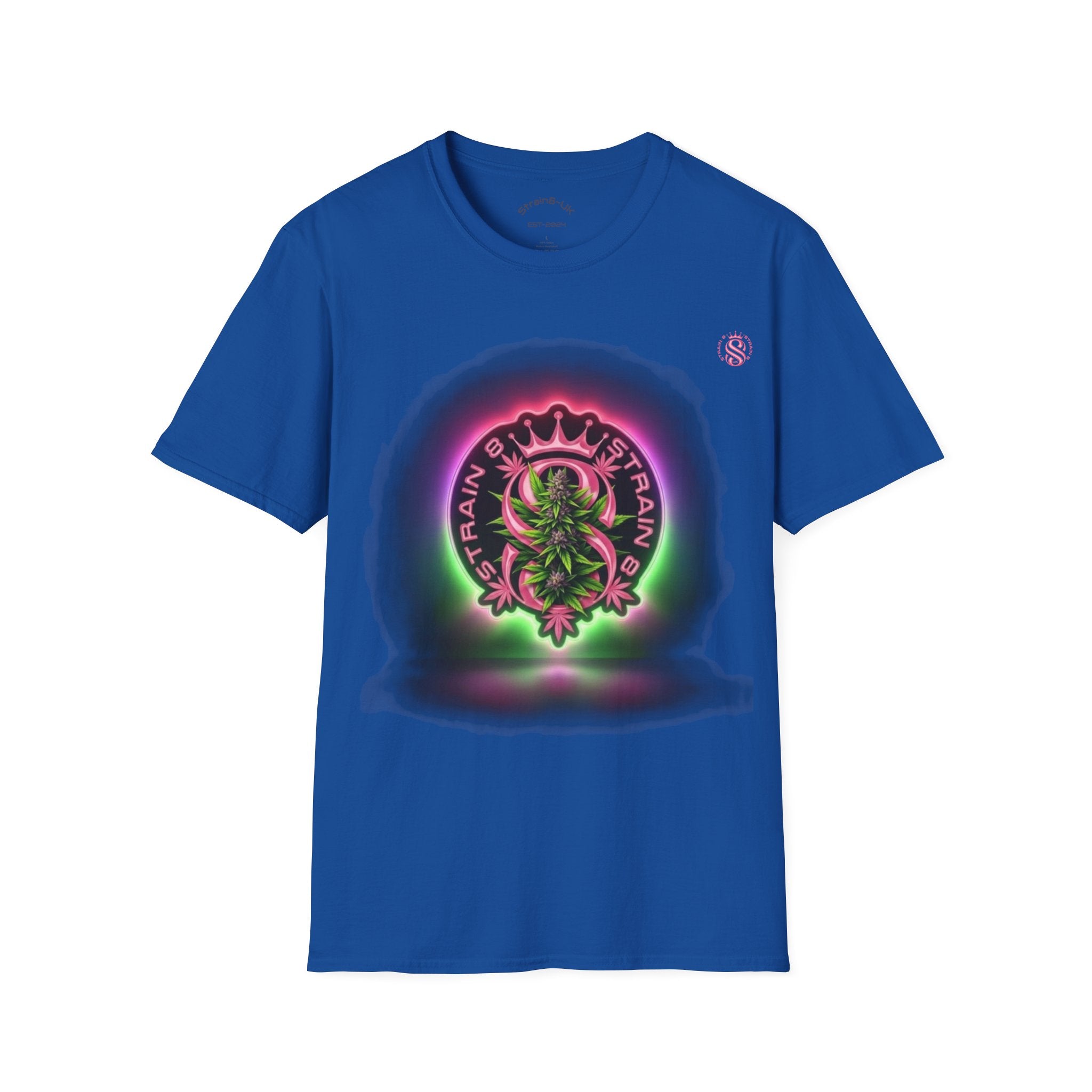 Unisex Softstyle Strain8-UK Neon Glow S8-UK Logo with flower Design T-Shirt
