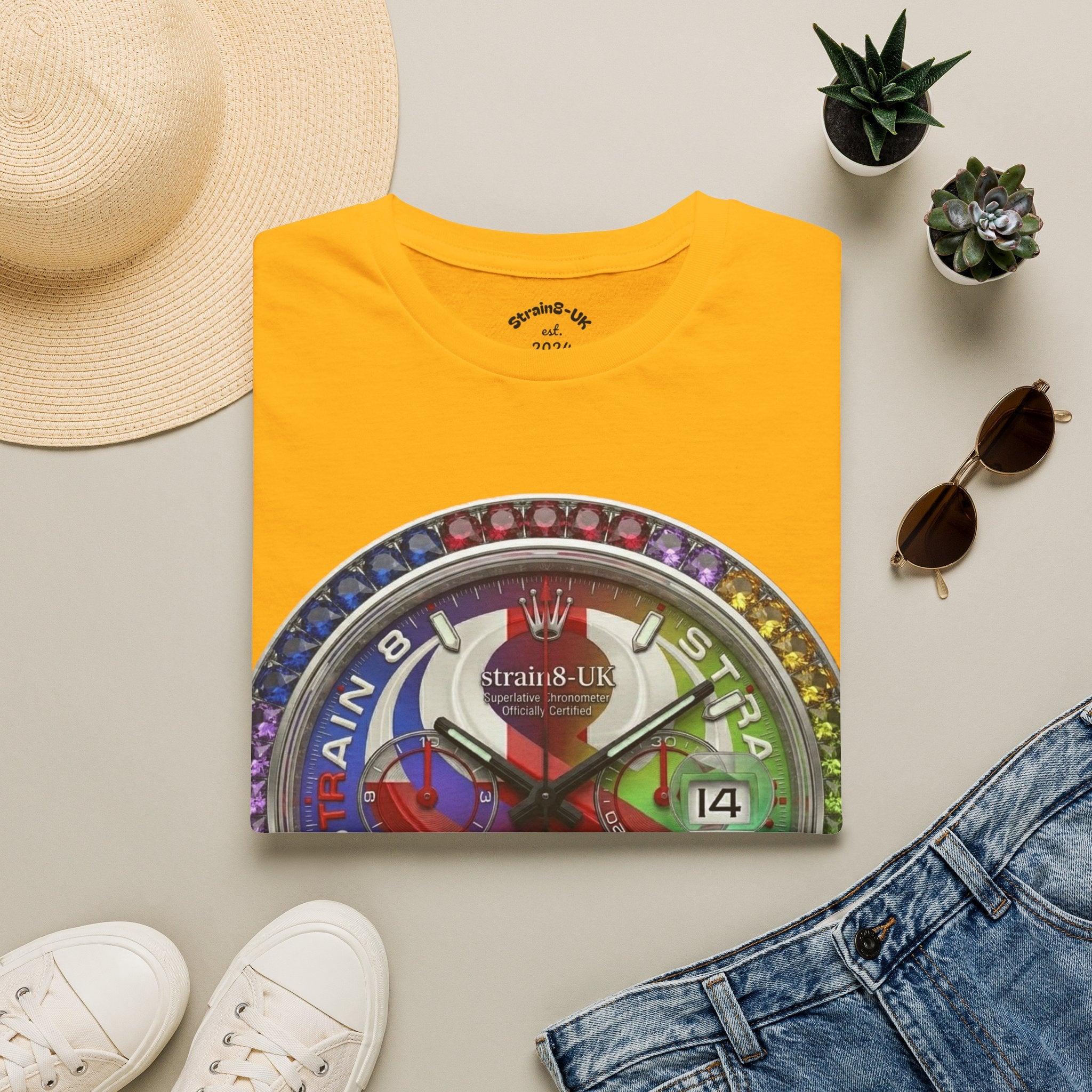 Rainbow Watch Face Graphic T‑Shirt —Strain8-UK Colourful Timepiece Dial Design