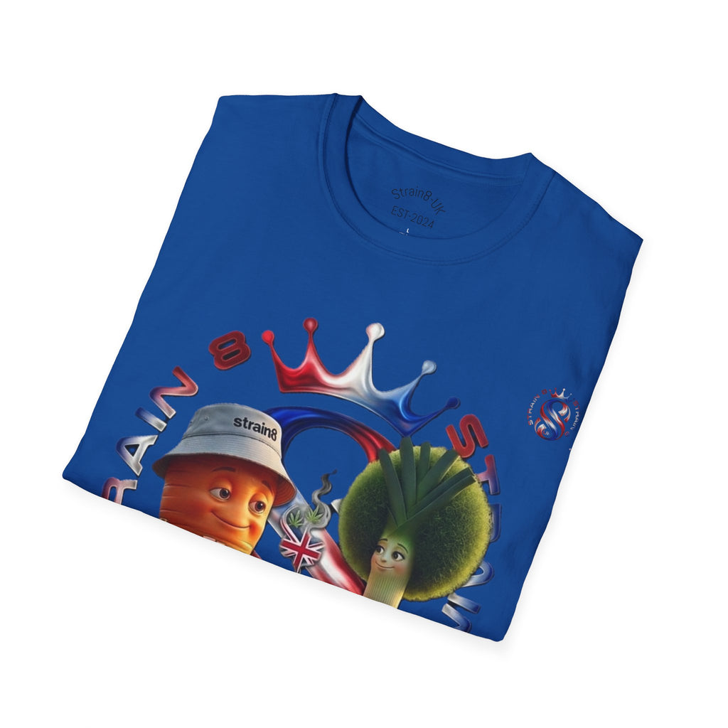 The Royal Strain8-UK T‑Shirt – Cute Cartoon Ted the carrot & Lucy the leak Veggie Characters Tee