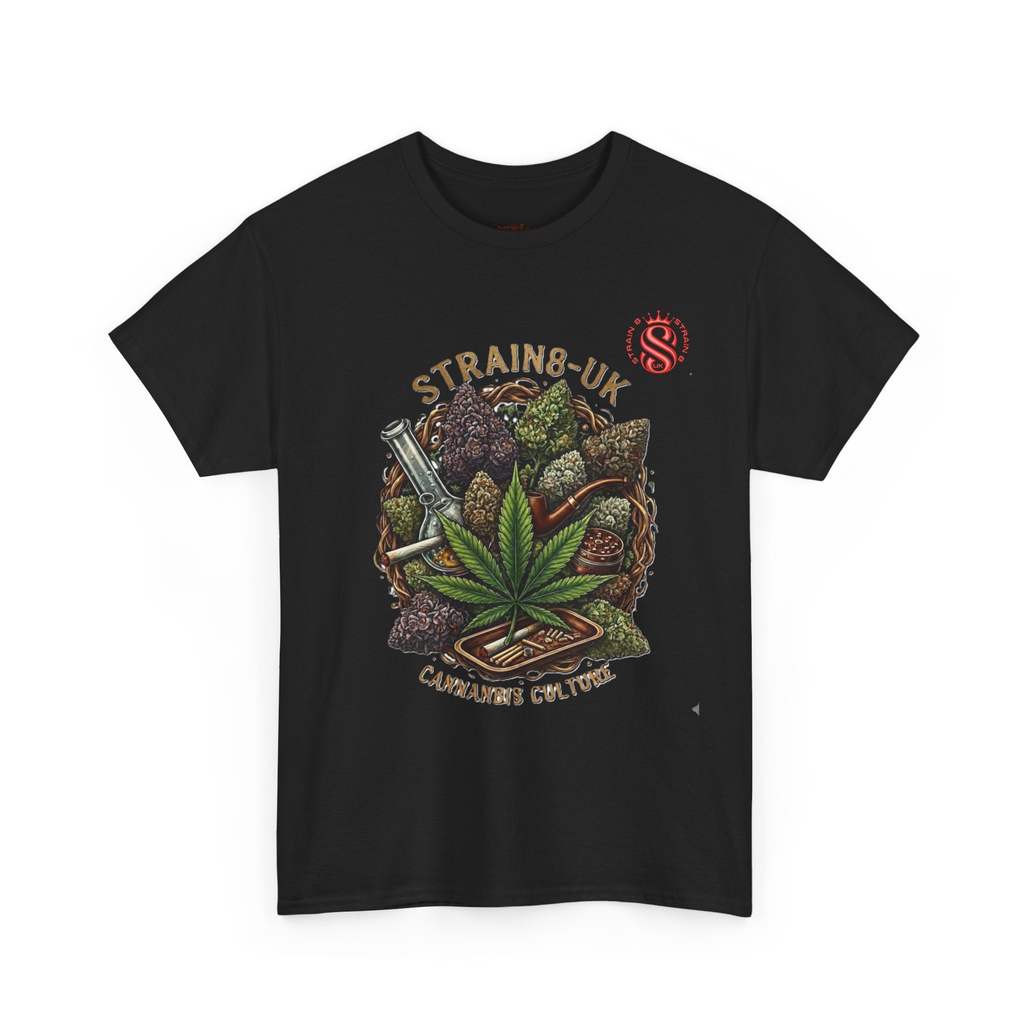 Strain8-UK Cannabis Culture T-Shirt — "Strain8-UK" Vintage Marijuana Leaf Graphic Tee