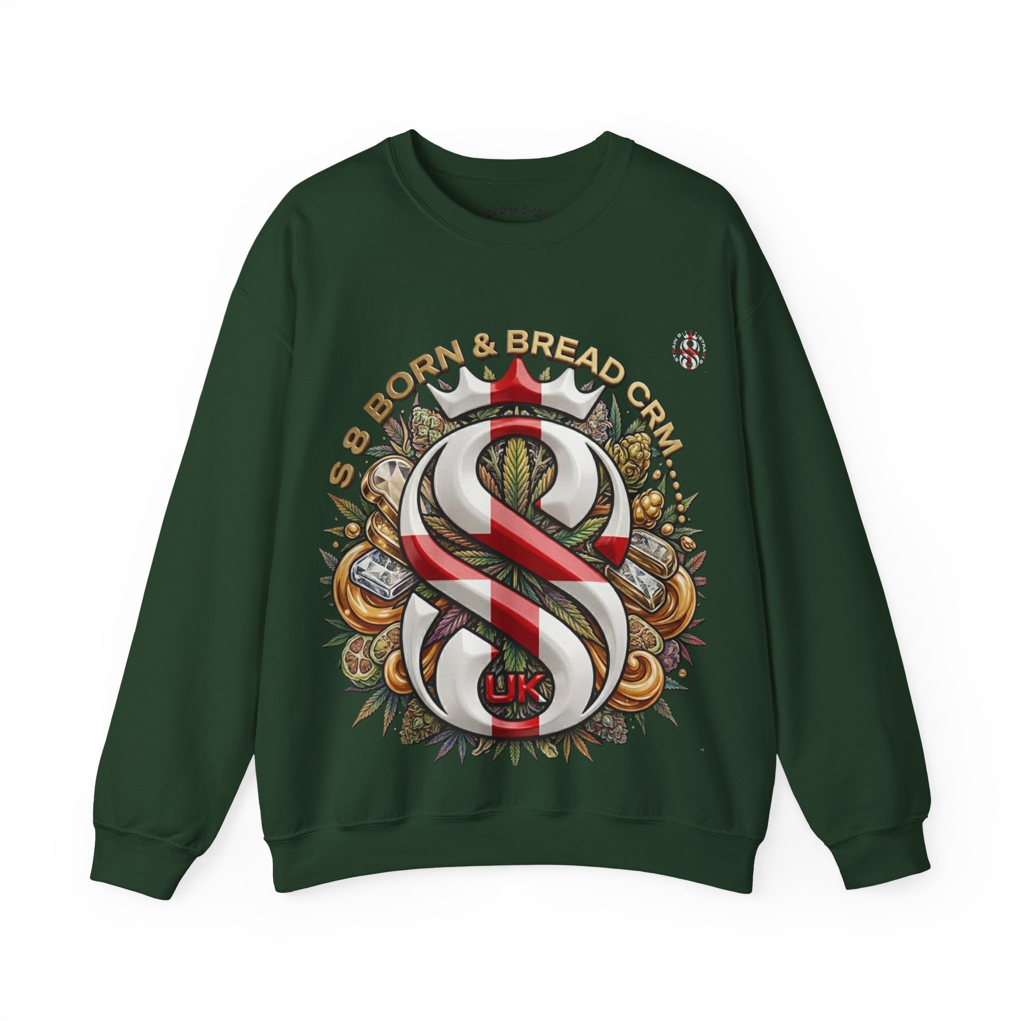 Crewneck Sweatshirt — Celtic S8-UK & Red Ribbon Emblem with ‘Born & Bread Again’ Graphic CRM EDITION