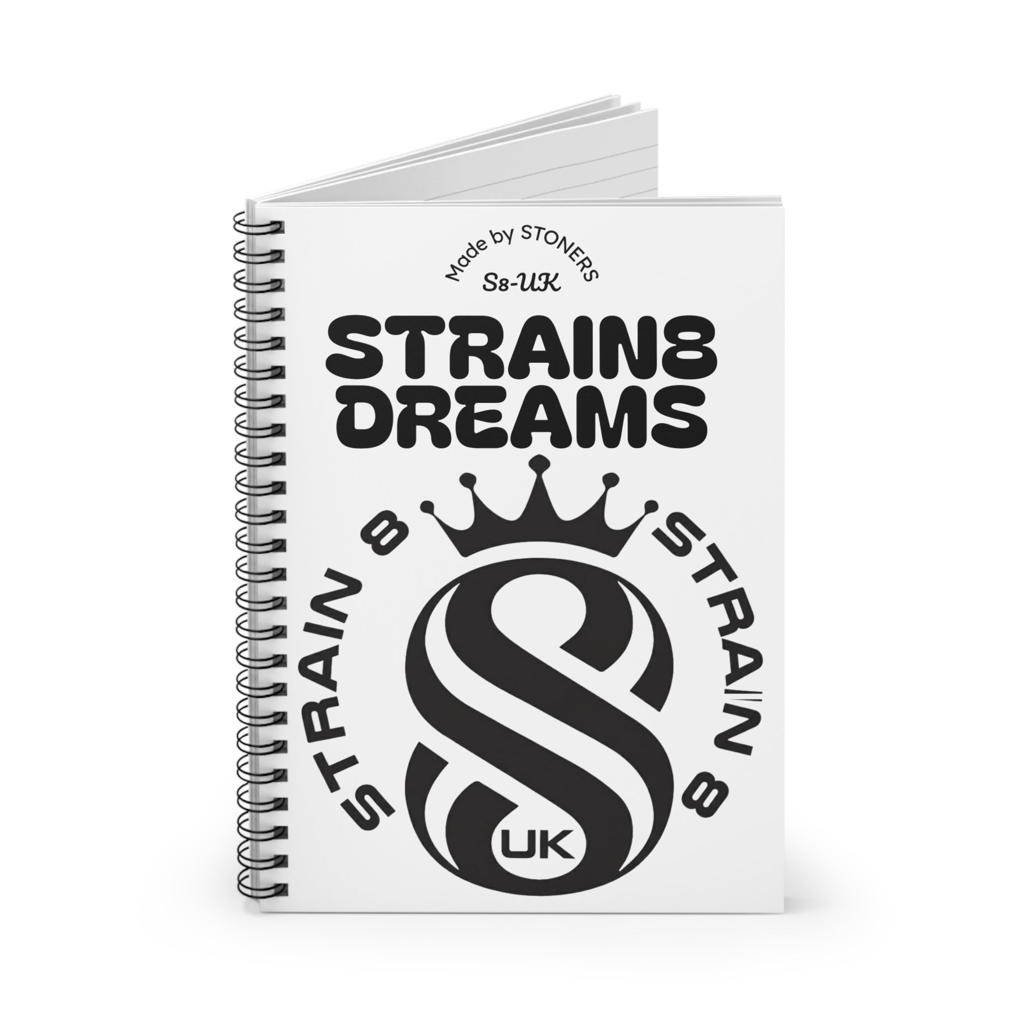 Strain8 Dreams Spiral Notebook — Bold Black Logo Ruled Journal