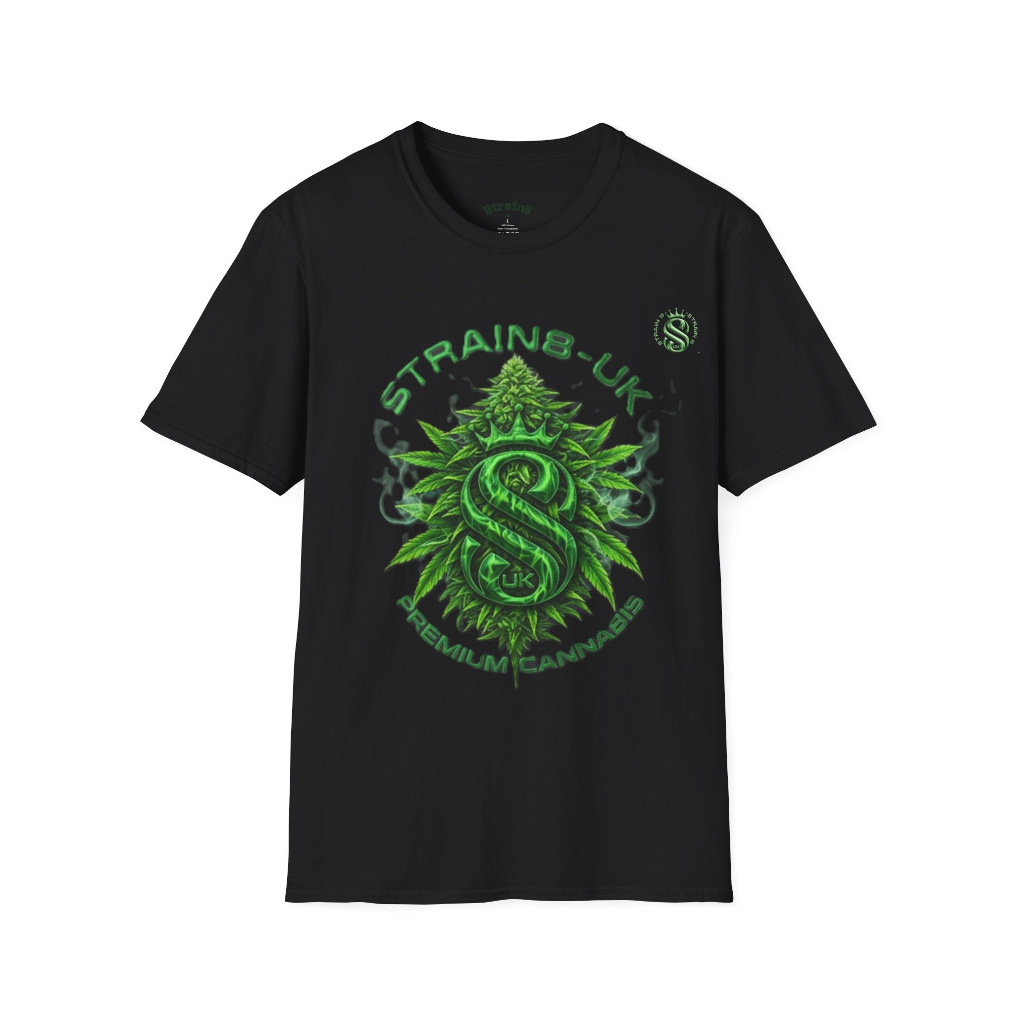 Strain8-UK logo/cannabis T-Shirt — Green Snake Crest 'STRAIN8-UK' Graphic Tee